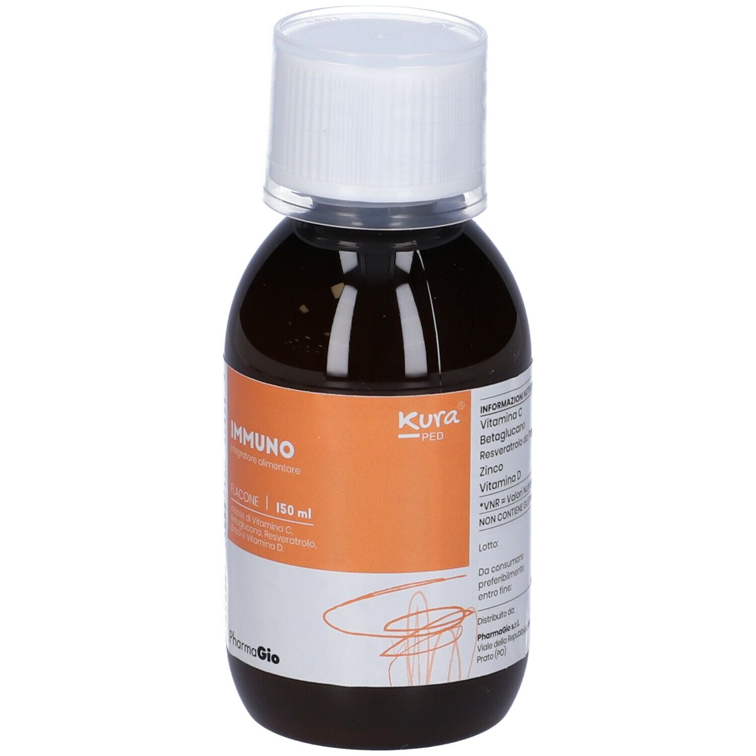 Flacone Kura Ped Immuno. Vista posteriore con informazioni sul prodotto. Tappo bianco. Etichetta con ingredienti e dosaggio.