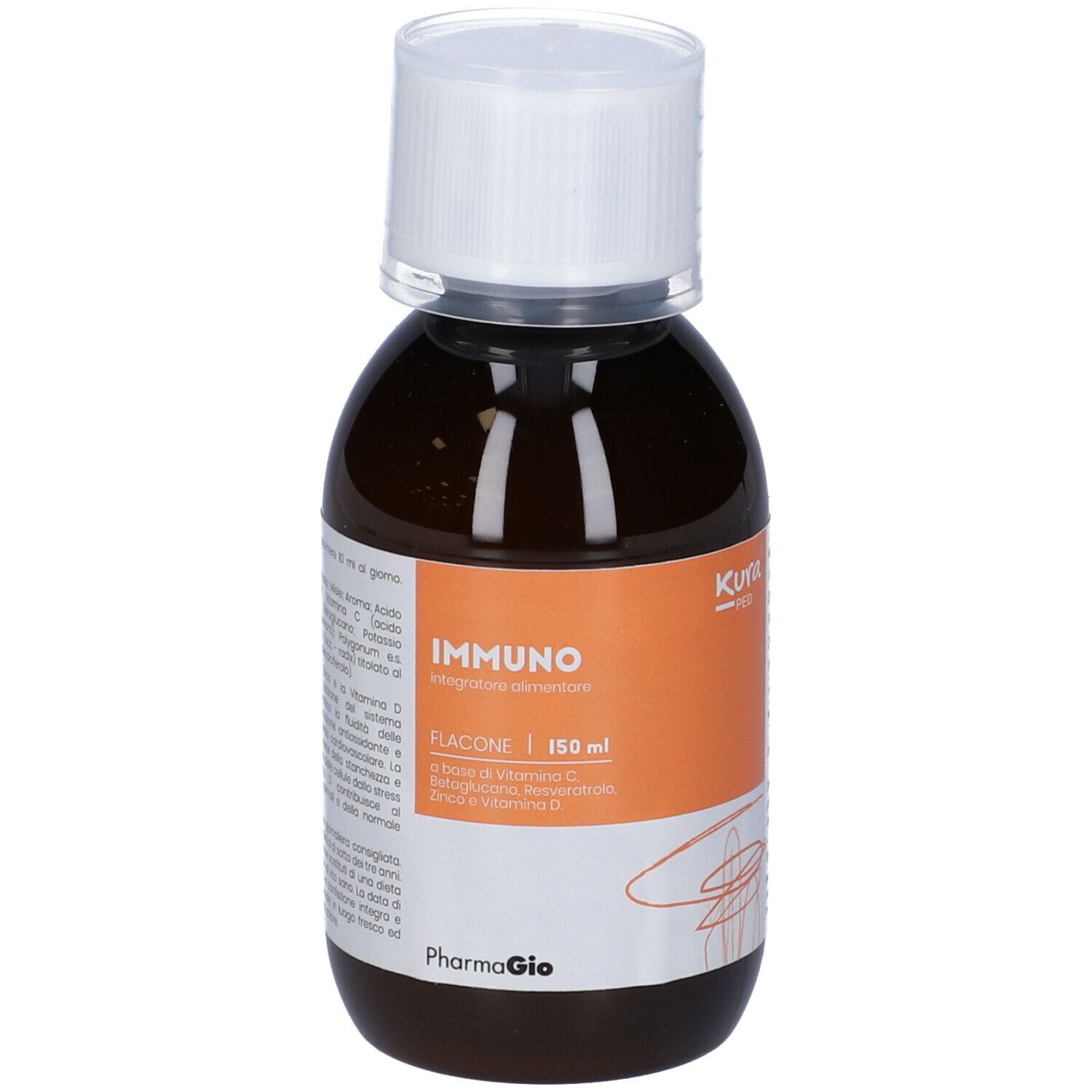 Flacone Kura Ped Immuno. Vista posteriore con informazioni sul prodotto. Tappo bianco. Etichetta con ingredienti e dosaggio.