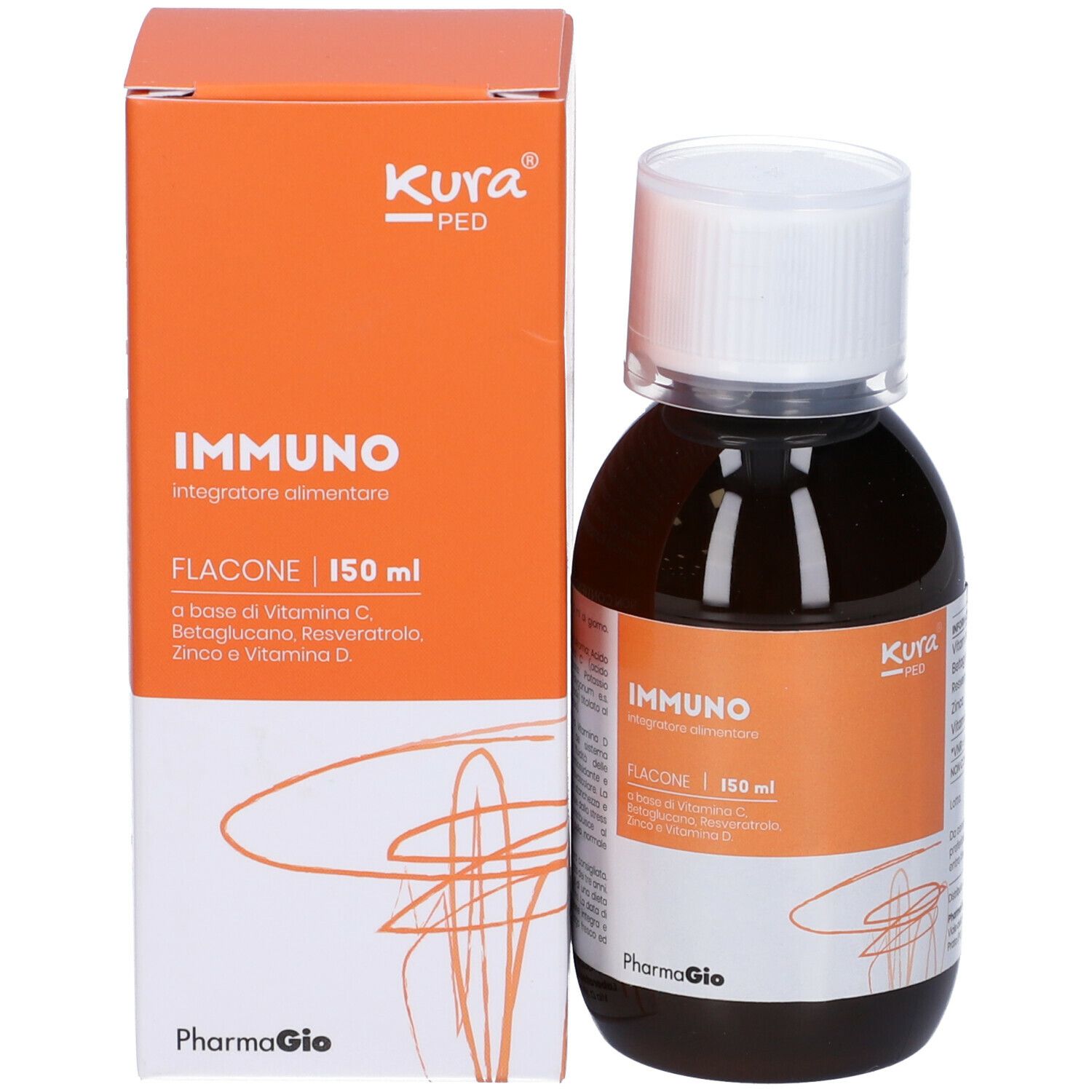 Flacone Kura Ped Immuno e confezione. Flacone con tappo bianco accanto alla confezione del prodotto.