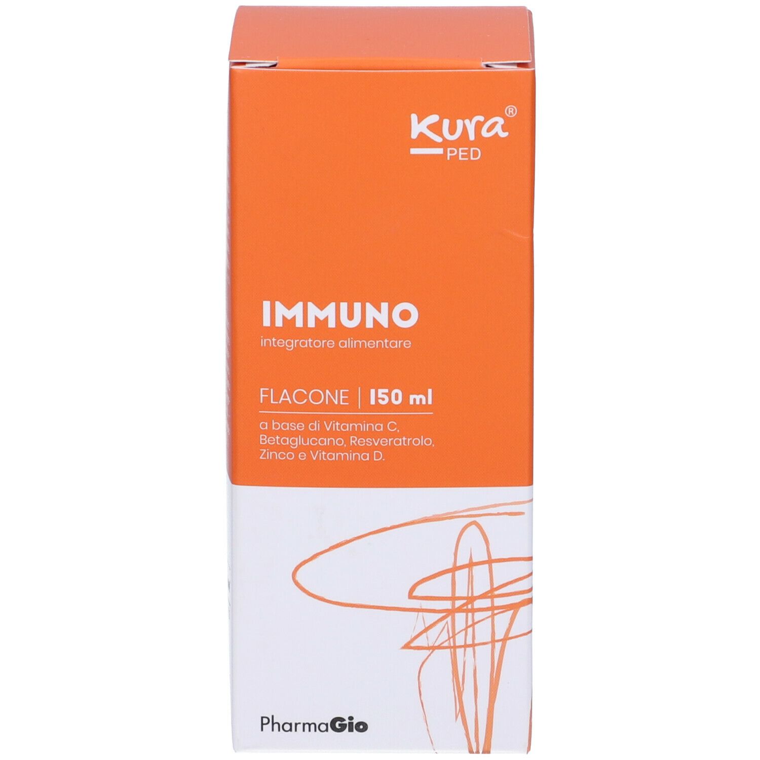 Confezione Kura Ped Immuno. Scatola arancione e bianca con informazioni sul prodotto. Marchio e nome del prodotto ben visibili.