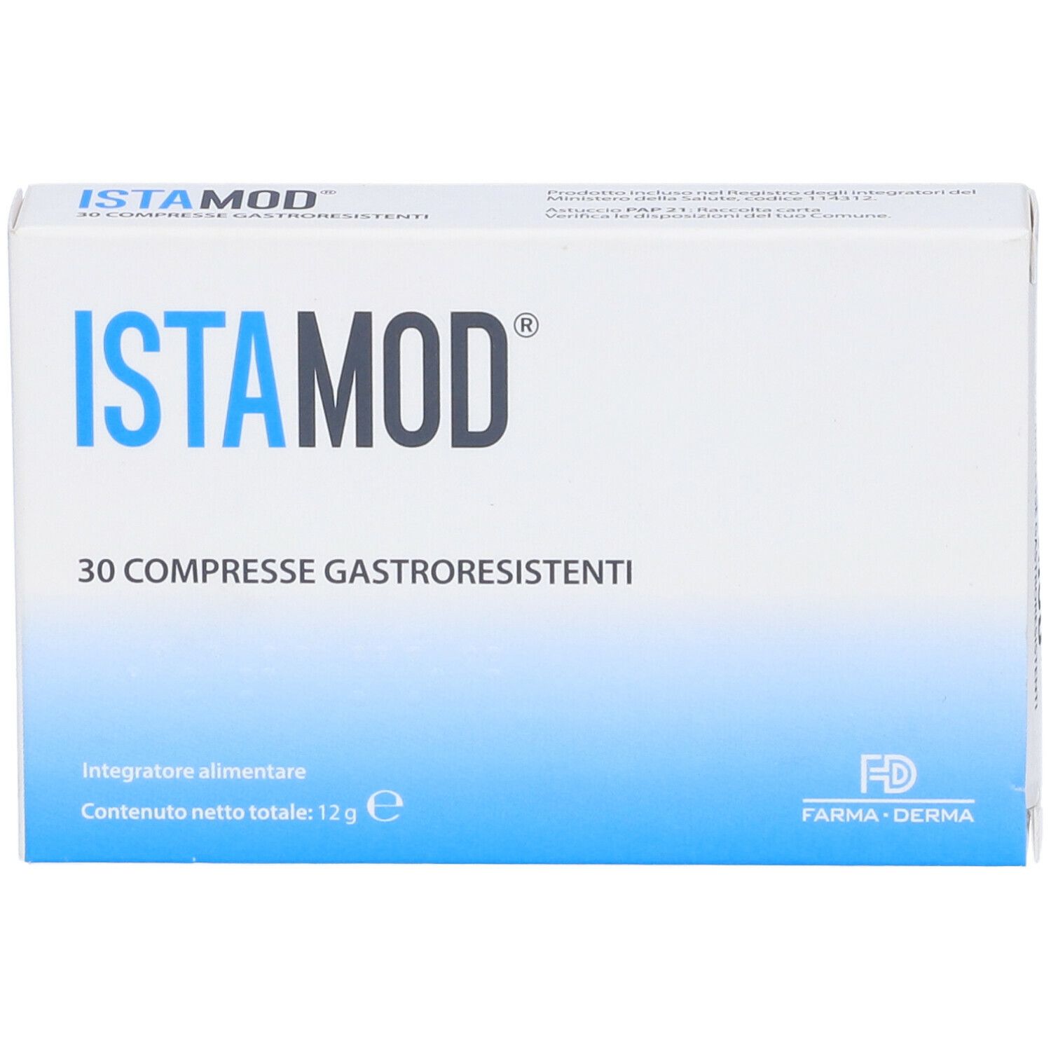 Scatola 'ISTAMOD' con '30 Compresse Gastroresistenti'. Confezione bianca e blu con informazioni sul prodotto.