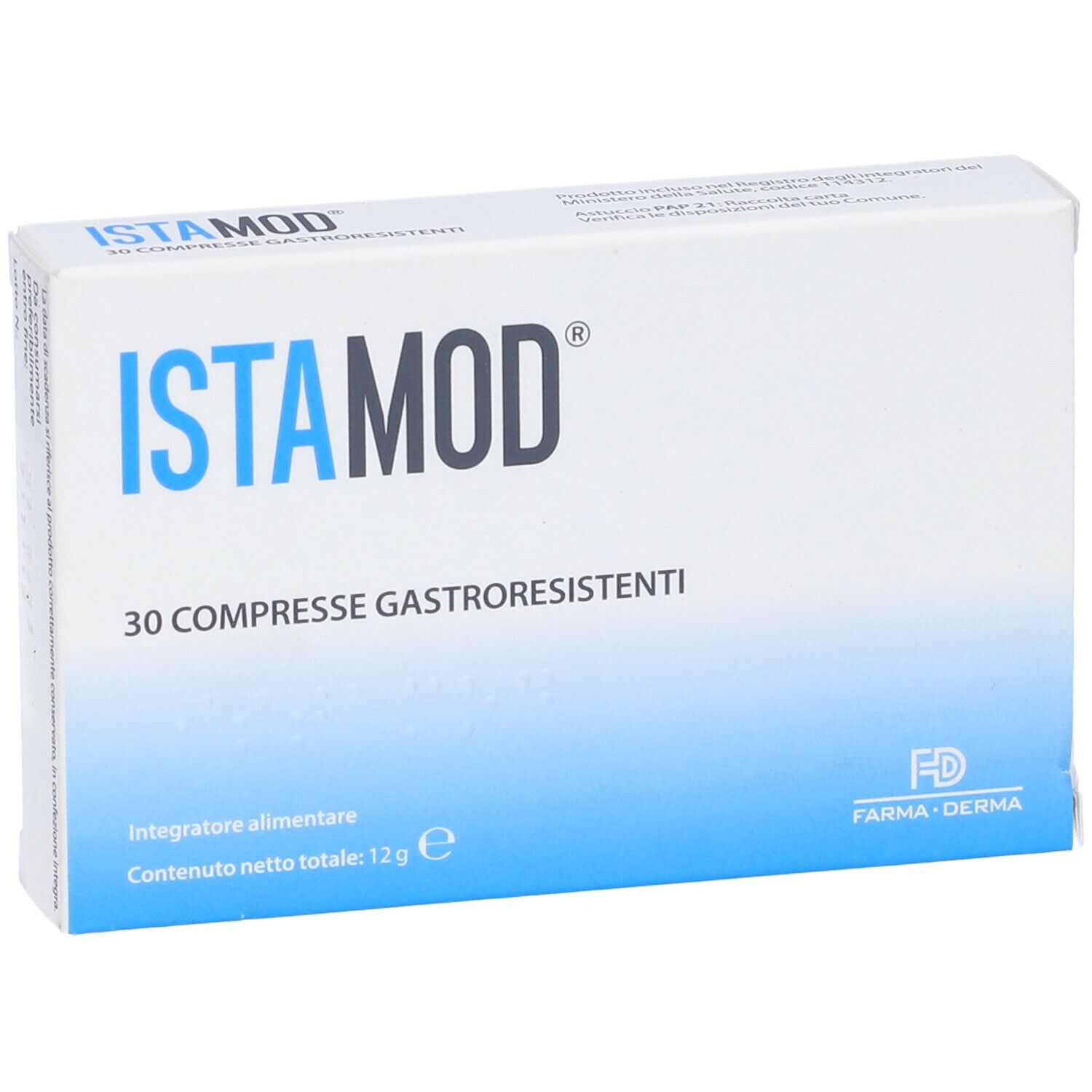 Scatola 'ISTAMOD' con '30 Compresse Gastroresistenti'. Confezione bianca e blu con informazioni sul prodotto.