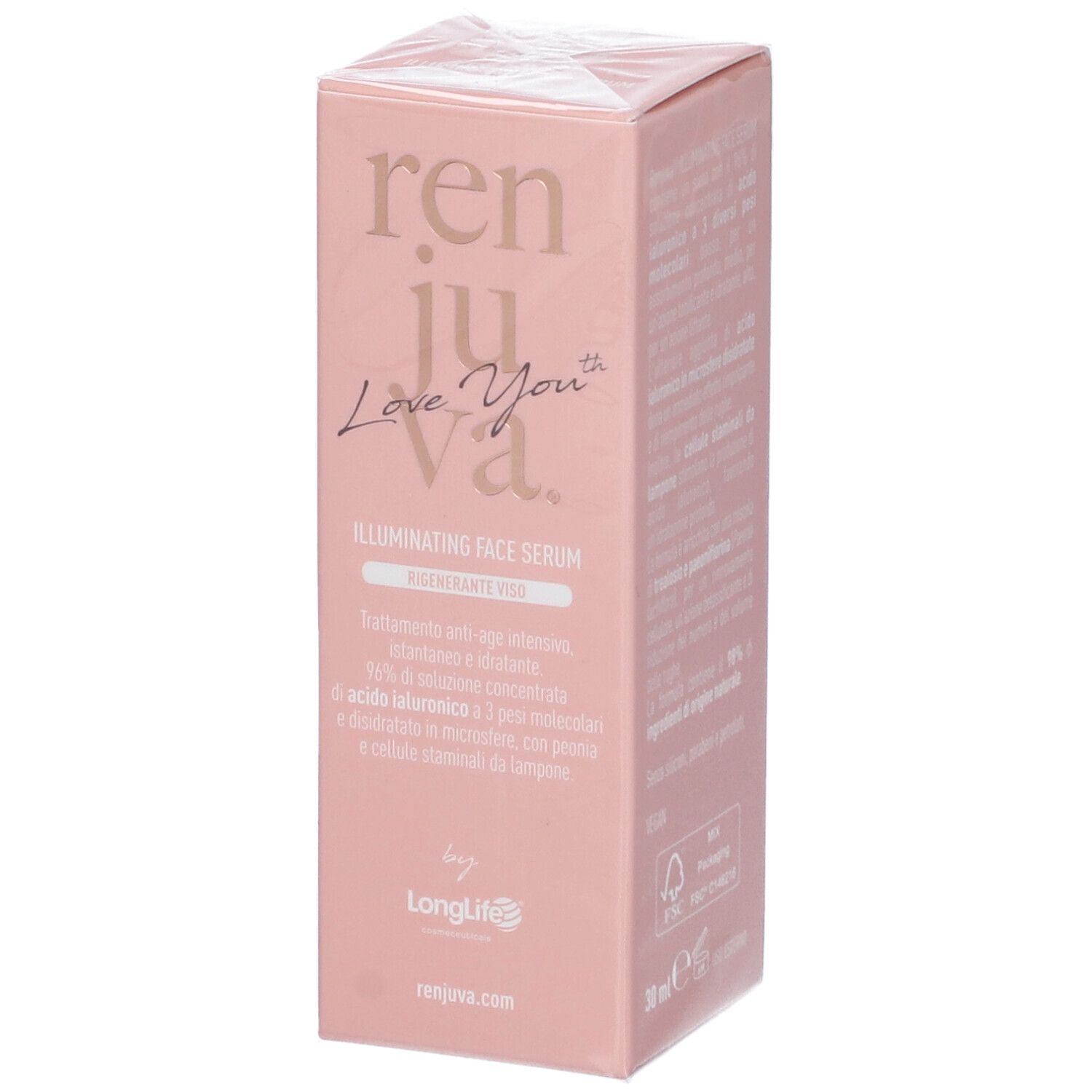 Confezione rosa con testo e nome del prodotto. Visibili "Illuminating Face Serum" e "LongLife".