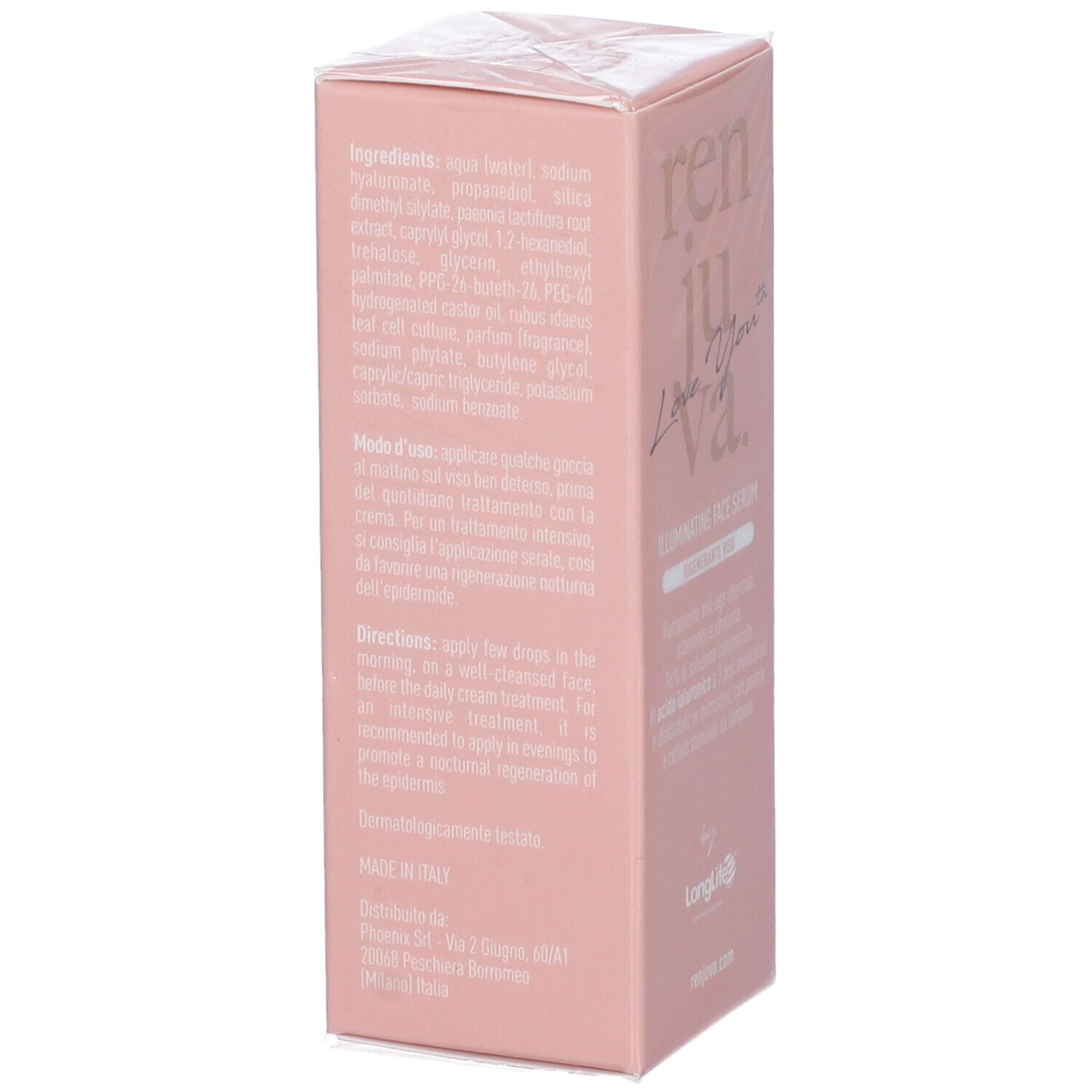 Confezione rosa con testo e informazioni sul prodotto. Visibili "Illuminating Face Serum" e "LongLife".