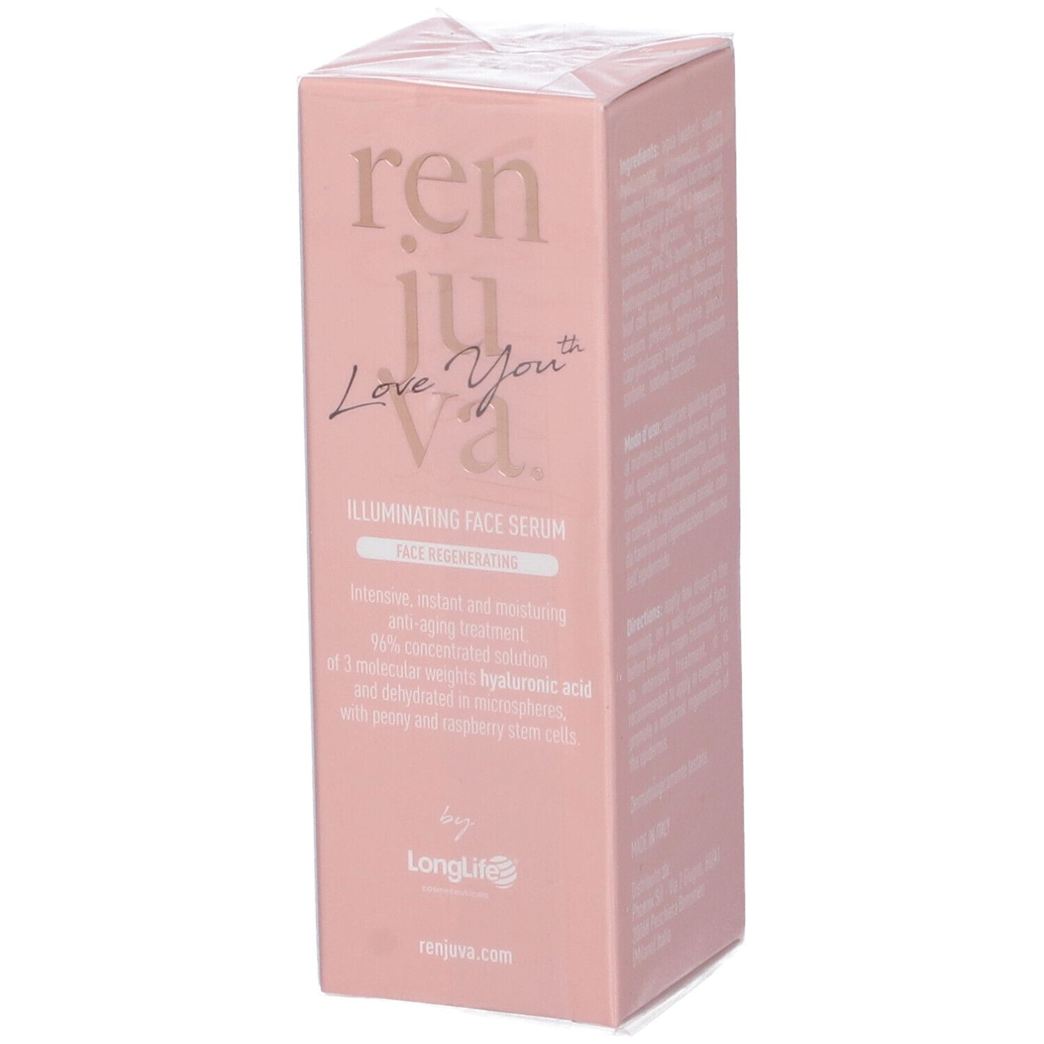 Confezione rosa con testo e informazioni sul prodotto. Visibili "Illuminating Face Serum" e "LongLife".