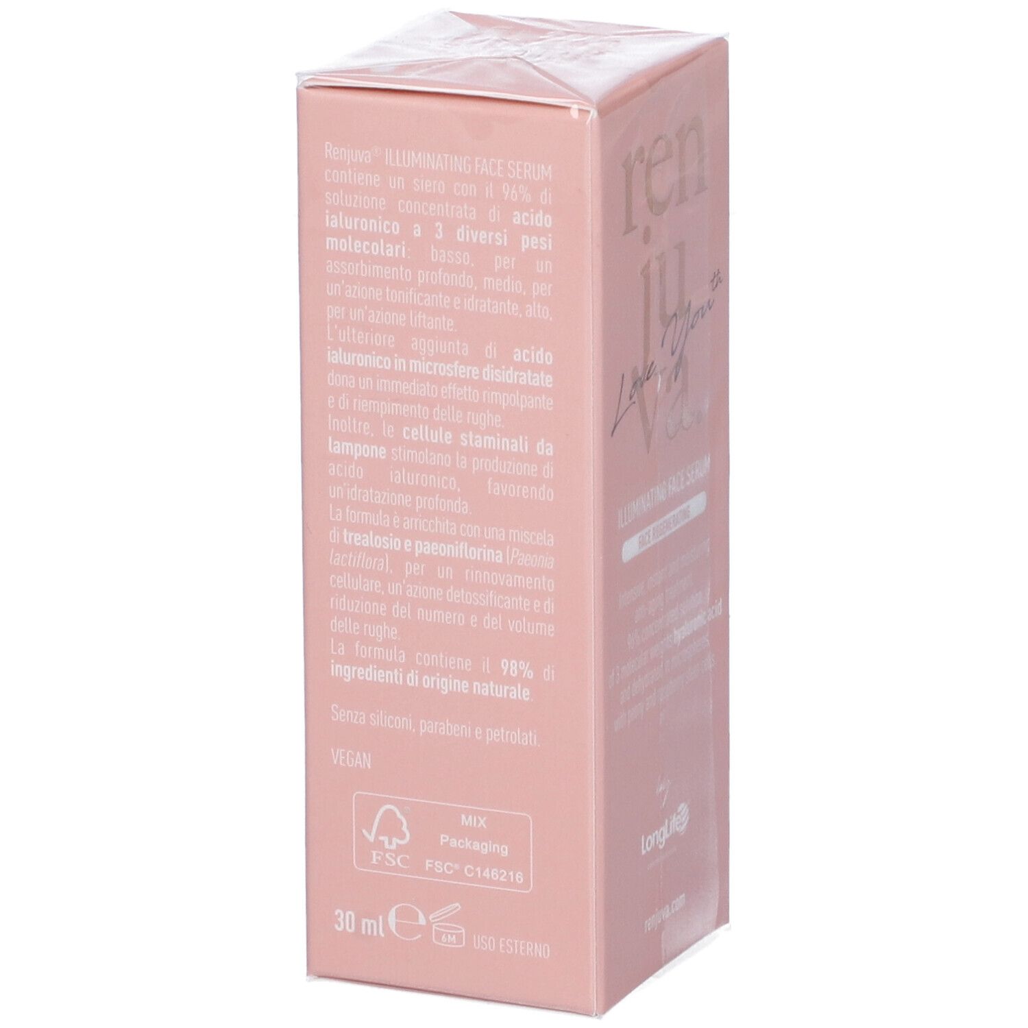 Confezione rosa con testo e informazioni sul prodotto. Visibili "Illuminating Face Serum" e "LongLife".