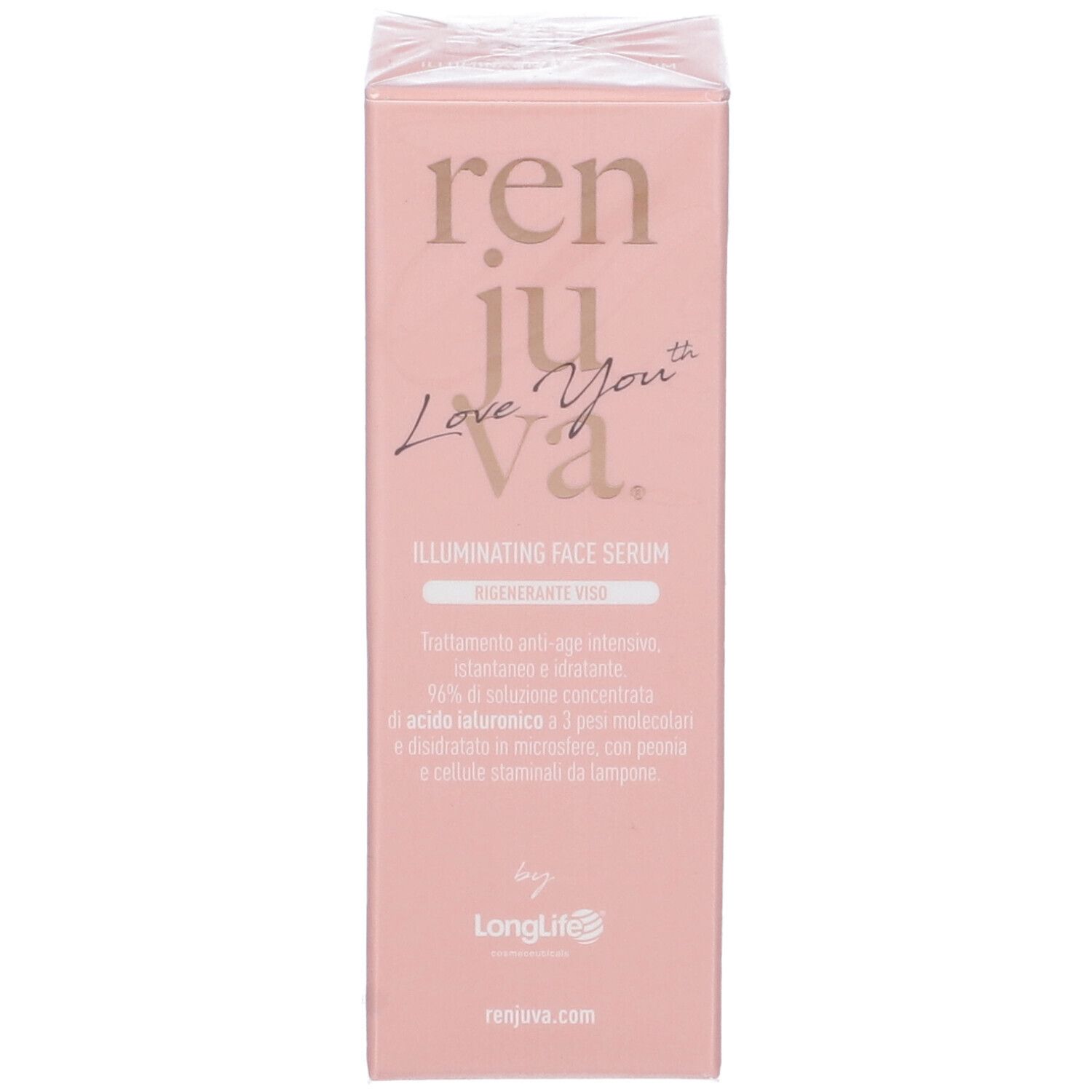 Confezione rosa con testo e informazioni sul prodotto. Visibili "Illuminating Face Serum" e "LongLife".