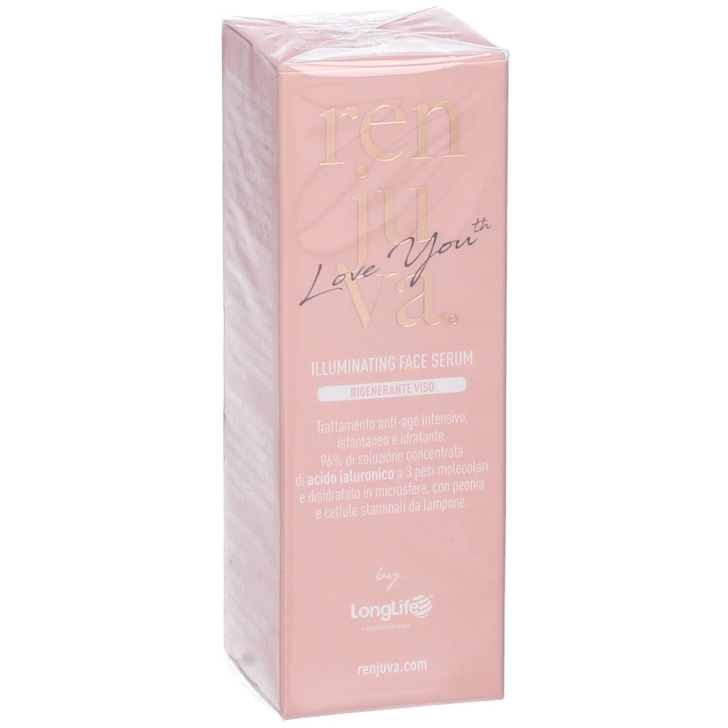 Confezione rosa con testo e informazioni sul prodotto. Visibili "Illuminating Face Serum" e "LongLife".