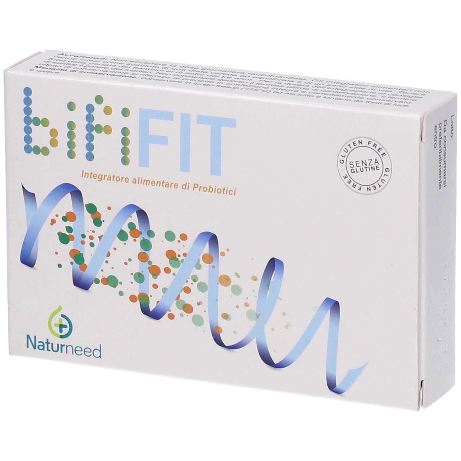 Scatola bianca con design blu e verde. Scritta bifiFIT, Integratore alimentare di Probiotici. Logo Naturneed. Sigillo senza glutine.