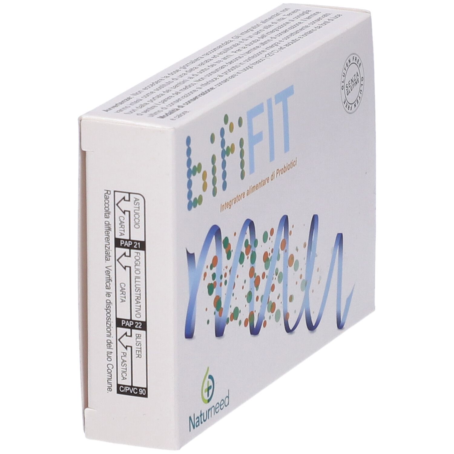Scatola bianca con design blu e verde. Scritta bifiFIT, Integratore alimentare di Probiotici. Logo Naturneed. Sigillo senza glutine.
