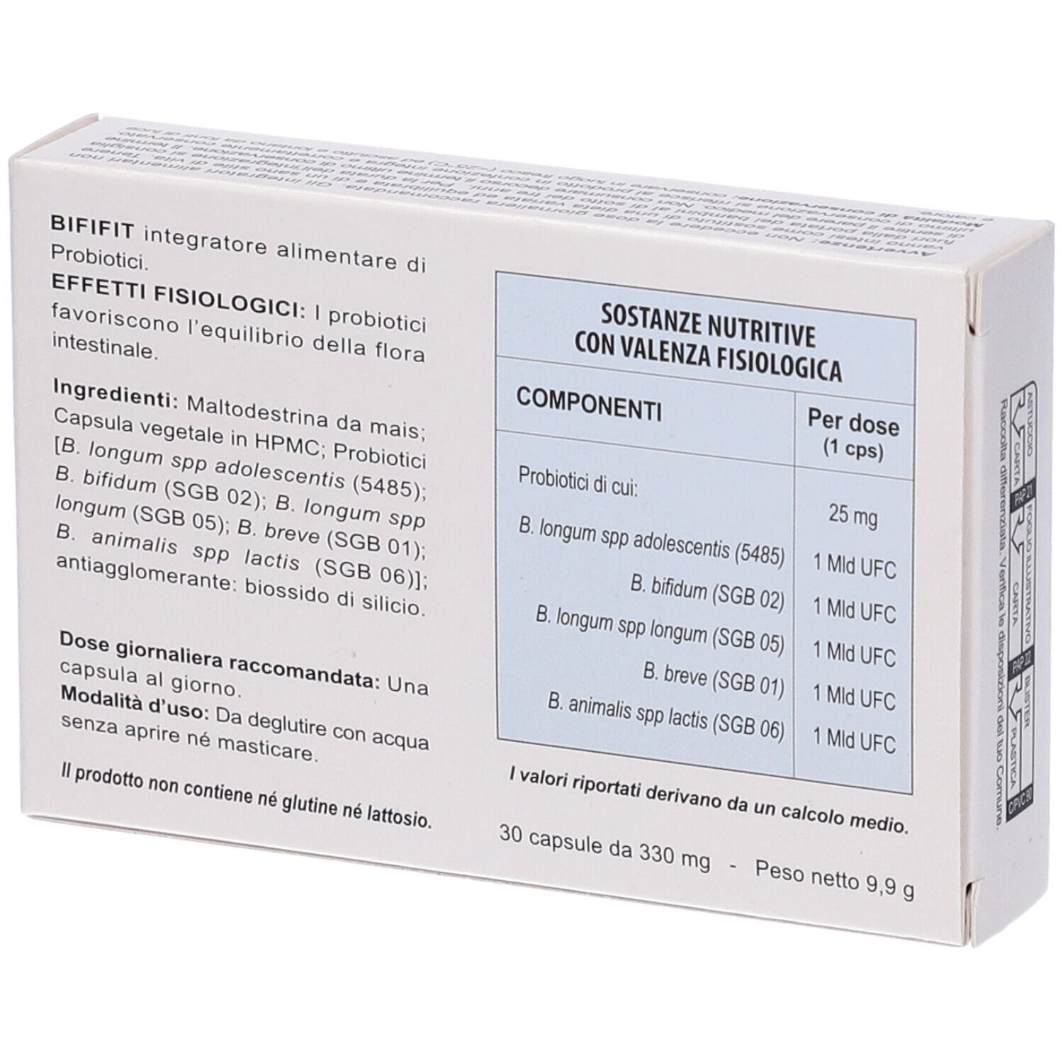Scatola bianca, retro con informazioni e tabella nutrizionale. Scritta bifiFIT, Integratore alimentare di Probiotici. 30 capsule.