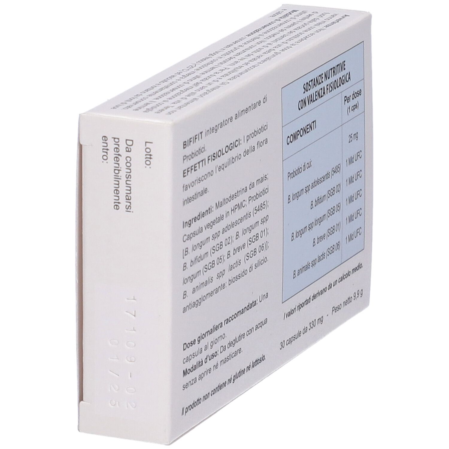 Scatola bianca, retro con informazioni e tabella nutrizionale. Scritta bifiFIT, Integratore alimentare di Probiotici. 30 capsule.