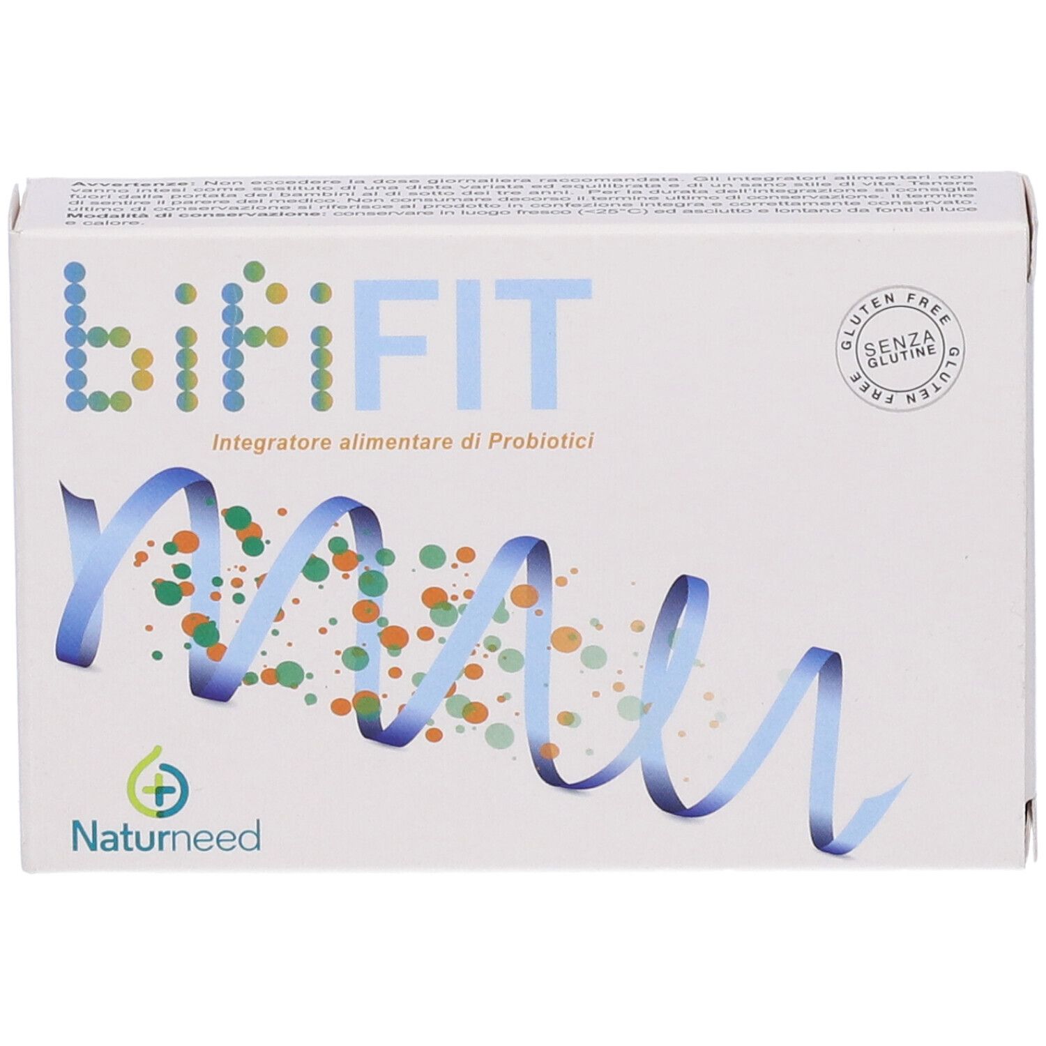 Scatola bianca con design blu e verde. Scritta bifiFIT, Integratore alimentare di Probiotici. Logo Naturneed. Sigillo senza glutine.