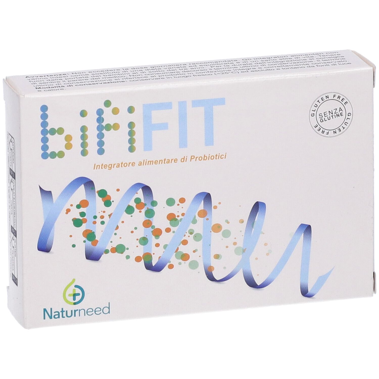 Scatola bianca con design blu e verde. Scritta bifiFIT, Integratore alimentare di Probiotici. Logo Naturneed. Sigillo senza glutine.