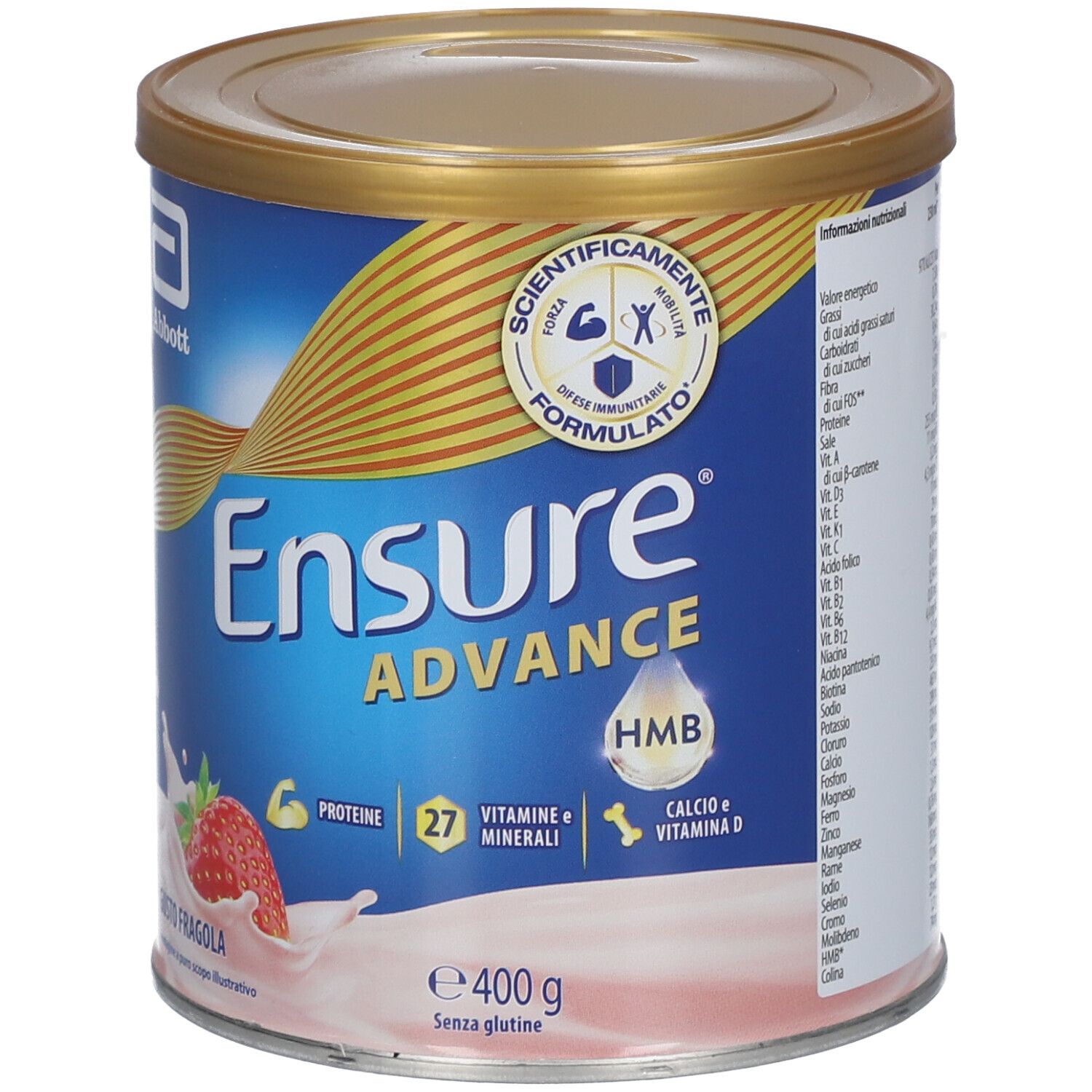 Barattolo Ensure Advance gusto fragola. Contiene proteine, 27 vitamine e minerali. 400g. Senza glutine.