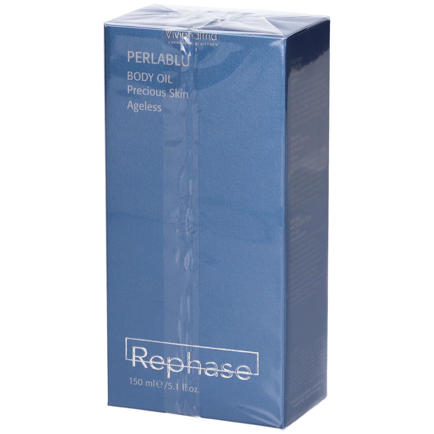 Scatola blu. Testo: PERLABLU, Body Oil, Precious Skin, Ageless. Marchio: Rephase. Volume: 150 ml.
