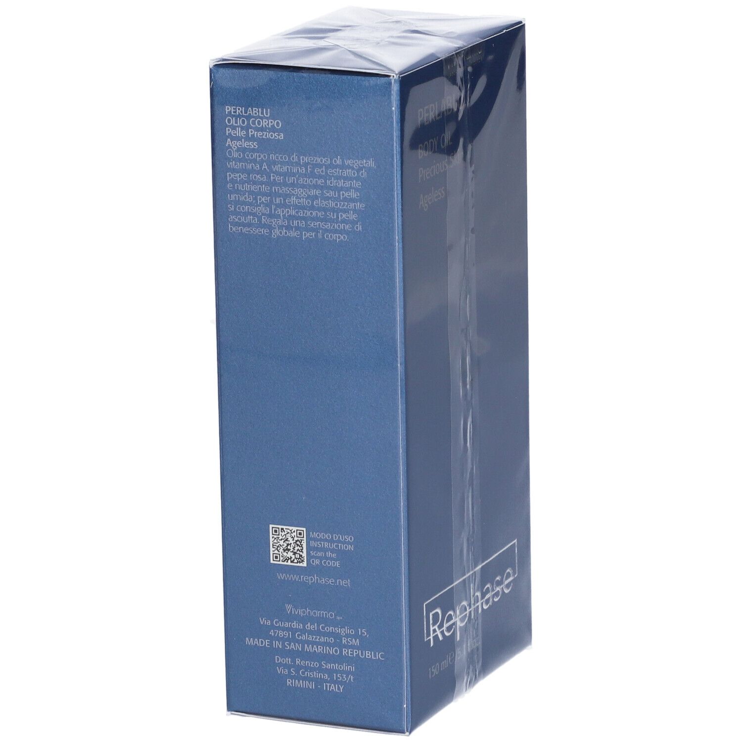 Scatola blu. Testo: PERLABLU, Olio Corpo, Pelle Preziosa, Ageless. Marchio: Rephase. Volume: 150 ml. Codice QR.