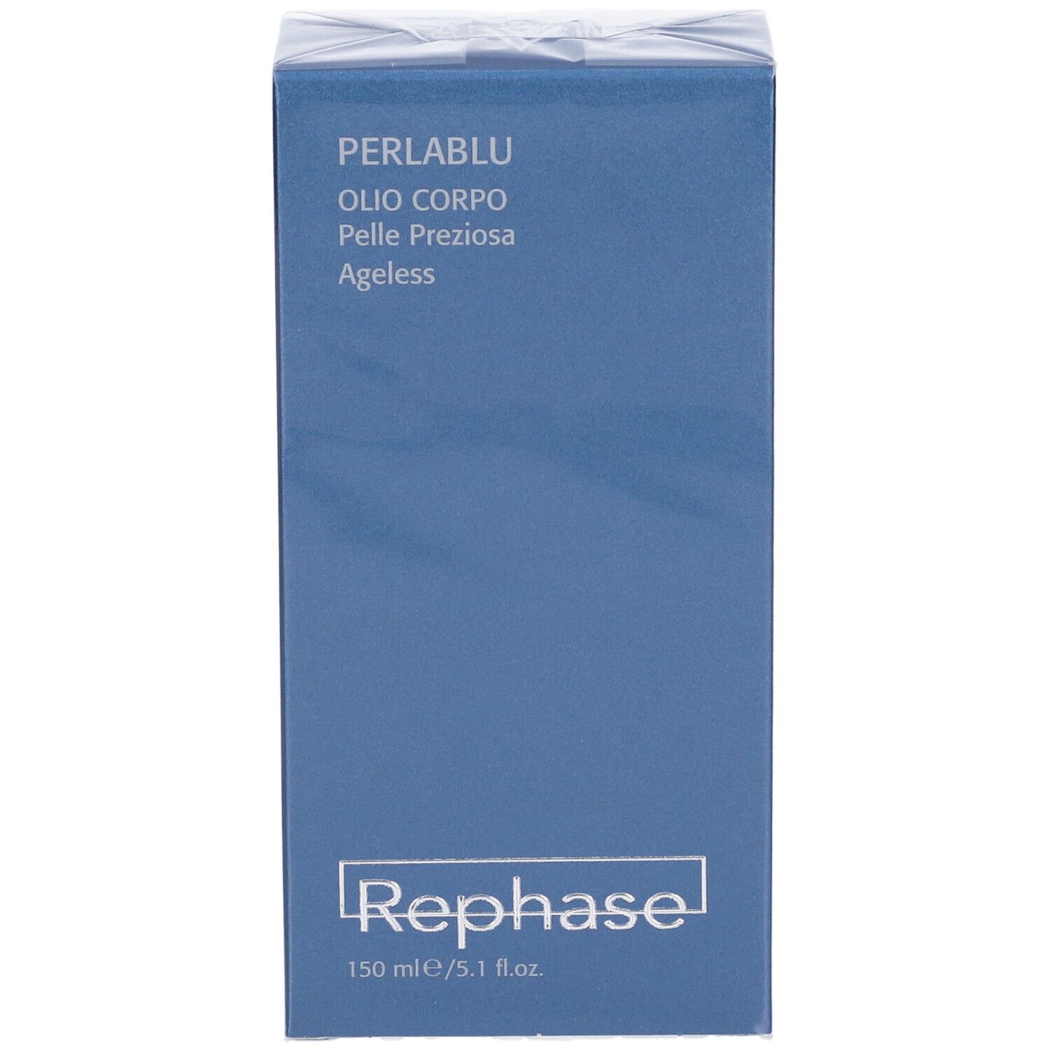 Scatola blu. Testo: PERLABLU, Olio Corpo, Pelle Preziosa, Ageless. Marchio: Rephase. Volume: 150 ml.