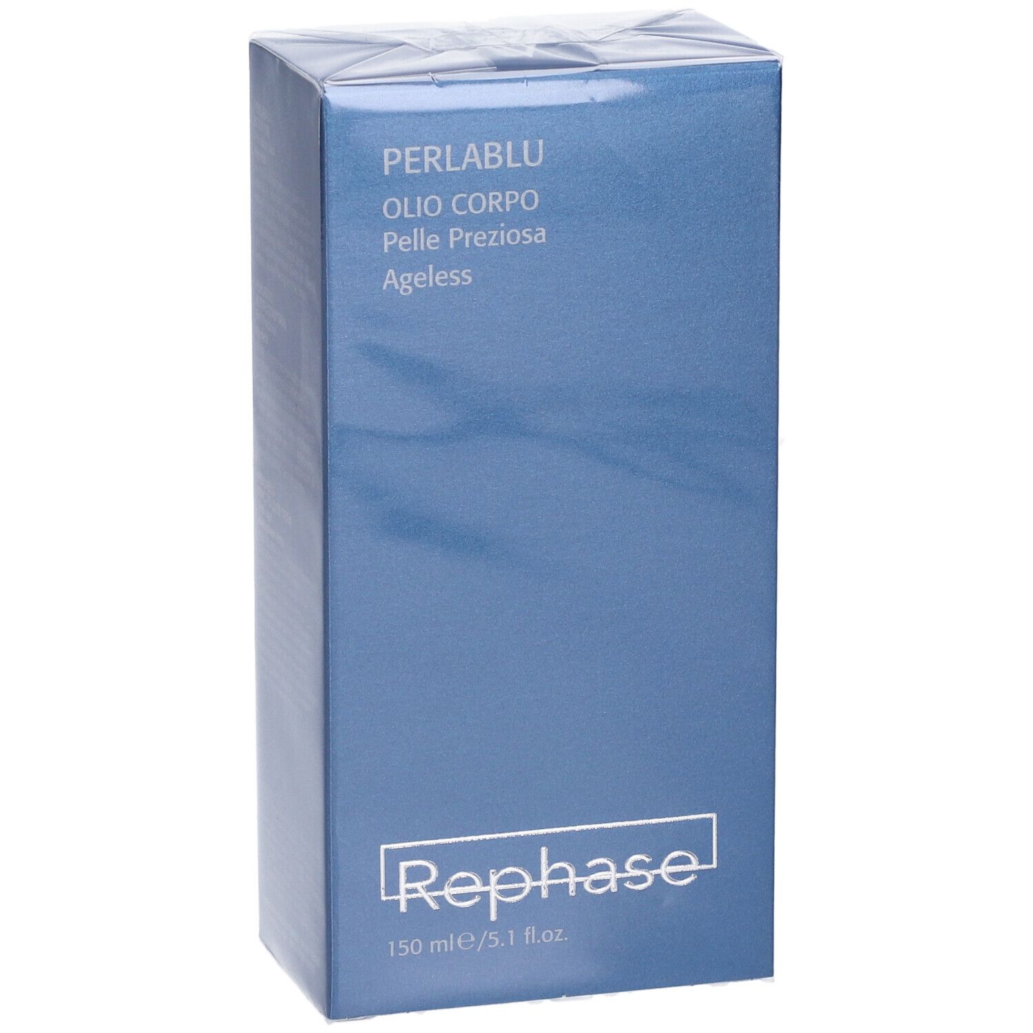 Scatola blu. Testo: PERLABLU, Olio Corpo, Pelle Preziosa, Ageless. Marchio: Rephase. Volume: 150 ml.
