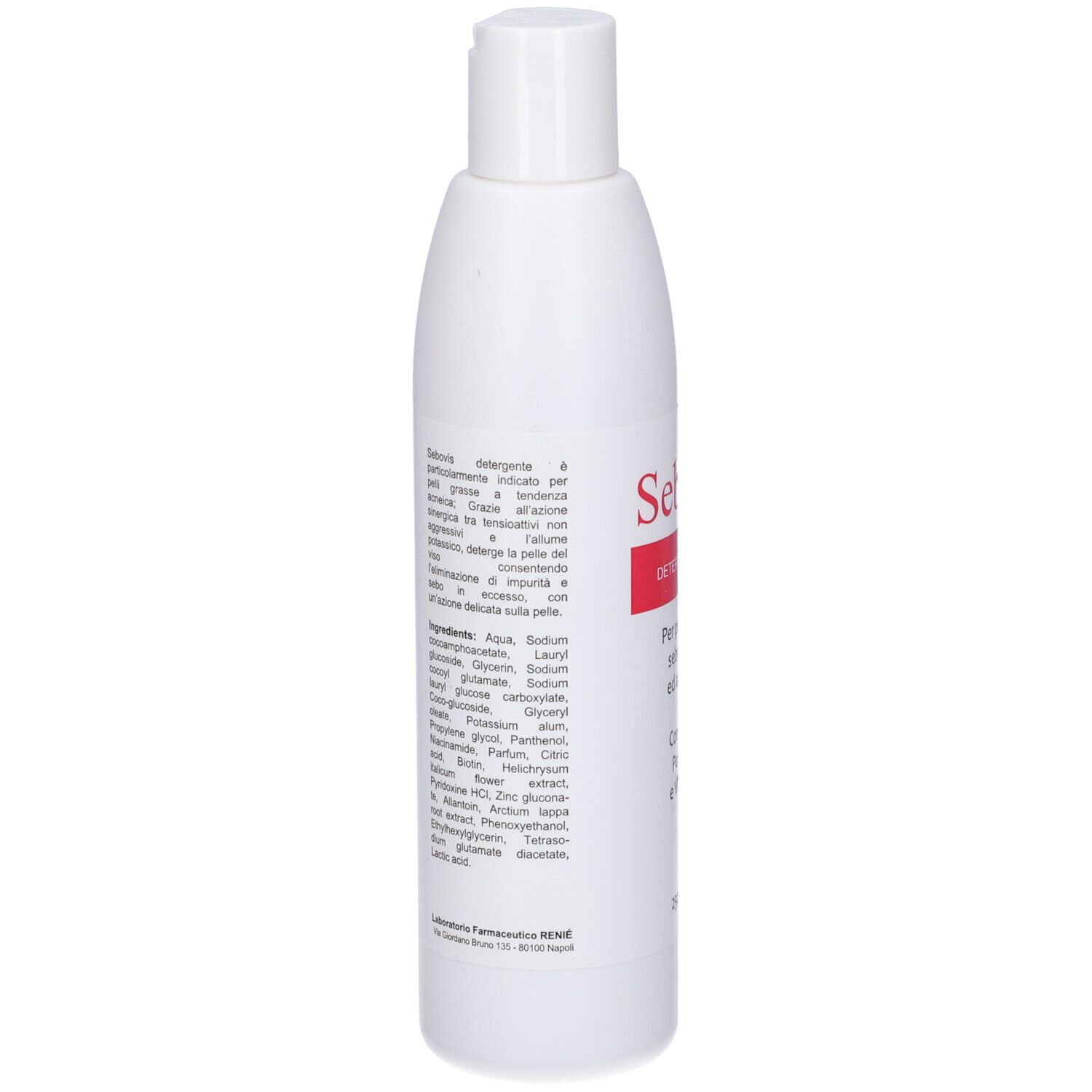 Flacone bianco con testo. Elenco ingredienti. Informazioni del produttore. Retro del prodotto. Scritto: Sebovis.