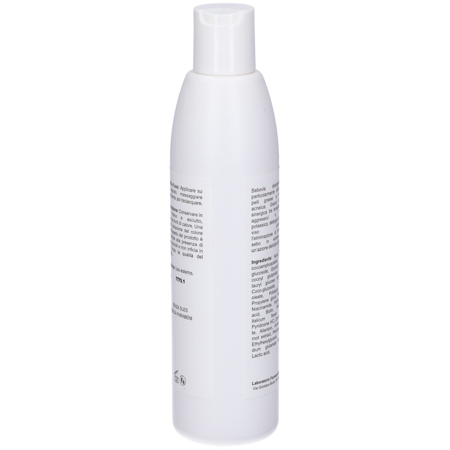 Flacone bianco con testo. Istruzioni per l'uso. Ingredienti. Retro del prodotto. Scritto: Sebovis.