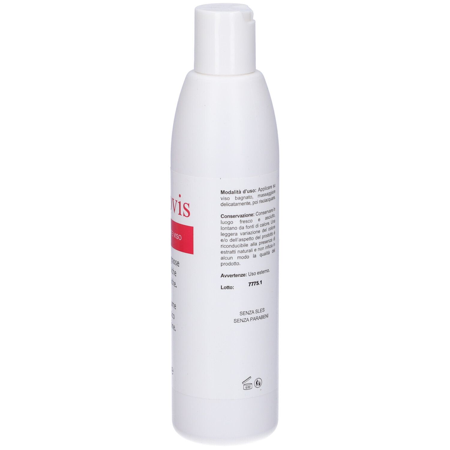 Flacone bianco con testo. Istruzioni per l'uso. Conservazione. Retro del prodotto. Scritto: Sebovis.