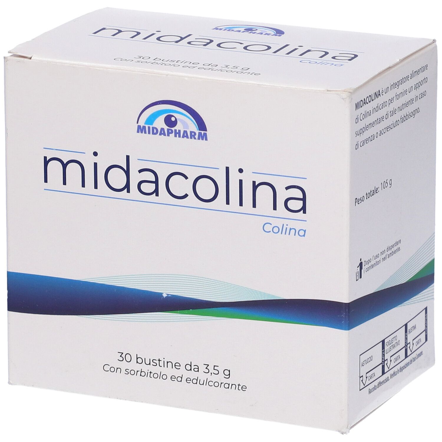Scatola Midacolina, 30 bustine. Cartone bianco con nome, logo e testo in italiano.