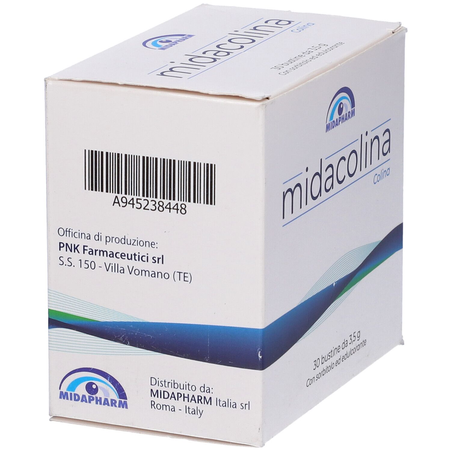 Scatola Midacolina, 30 bustine. Cartone bianco con nome, logo e testo in italiano.