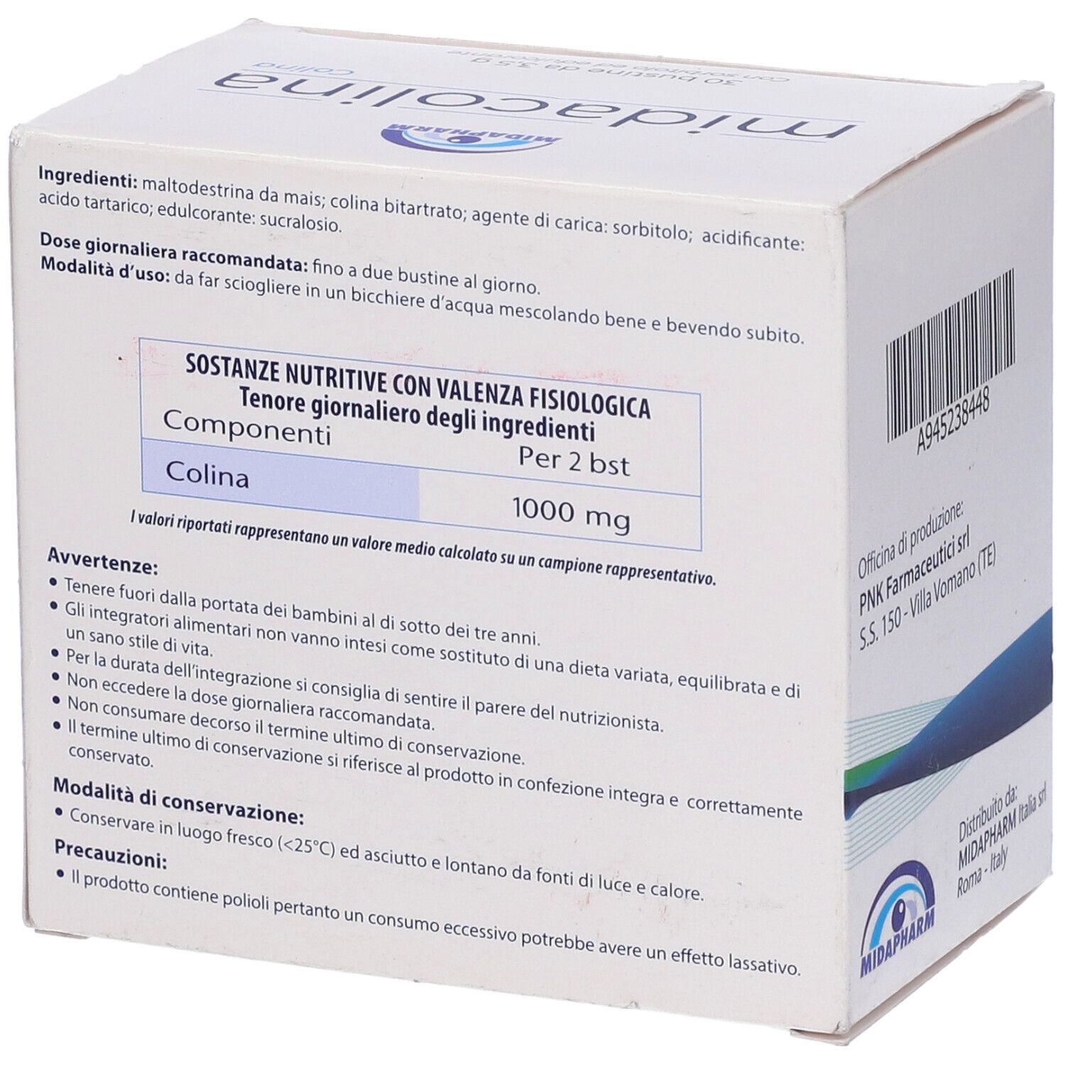 Retro della confezione Midacolina. Contiene informazioni nutrizionali, ingredienti e avvertenze in italiano.