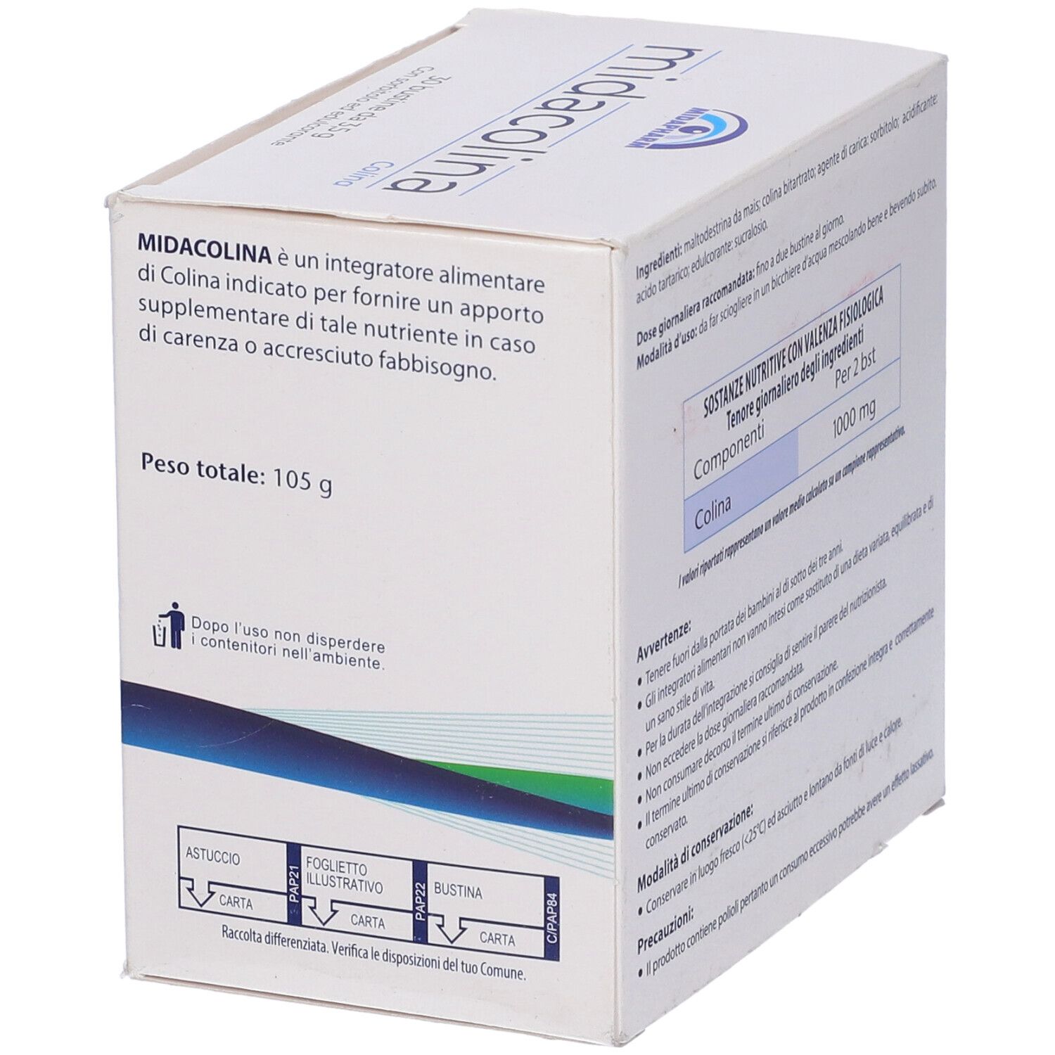 Scatola Midacolina, 30 bustine. Contiene informazioni e testo in italiano.