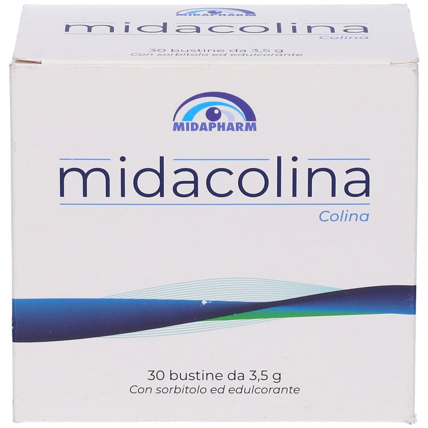 Scatola Midacolina, 30 bustine. Cartone bianco con nome, logo e testo in italiano.