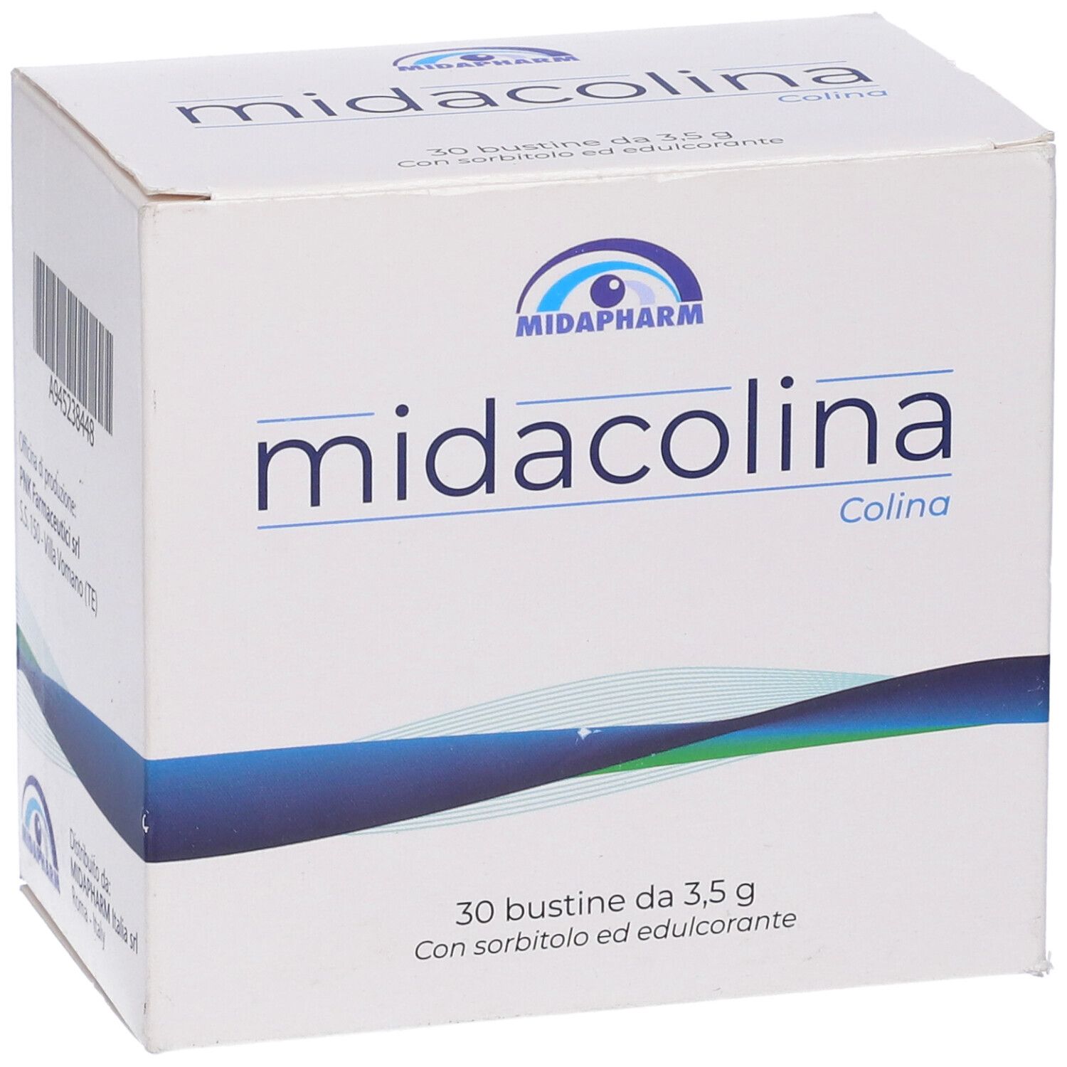 Scatola Midacolina, 30 bustine. Cartone bianco con nome, logo e testo in italiano.