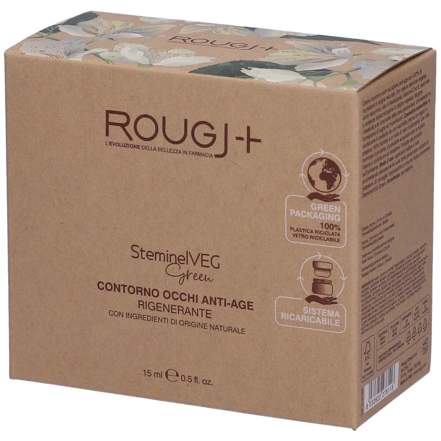Confezione in cartone con nome e logo del prodotto. Testo: SteminelVEG, Contorno Occhi Anti-Age Rigenerante. 15 ml, 0.5 fl. oz. Logo verde.