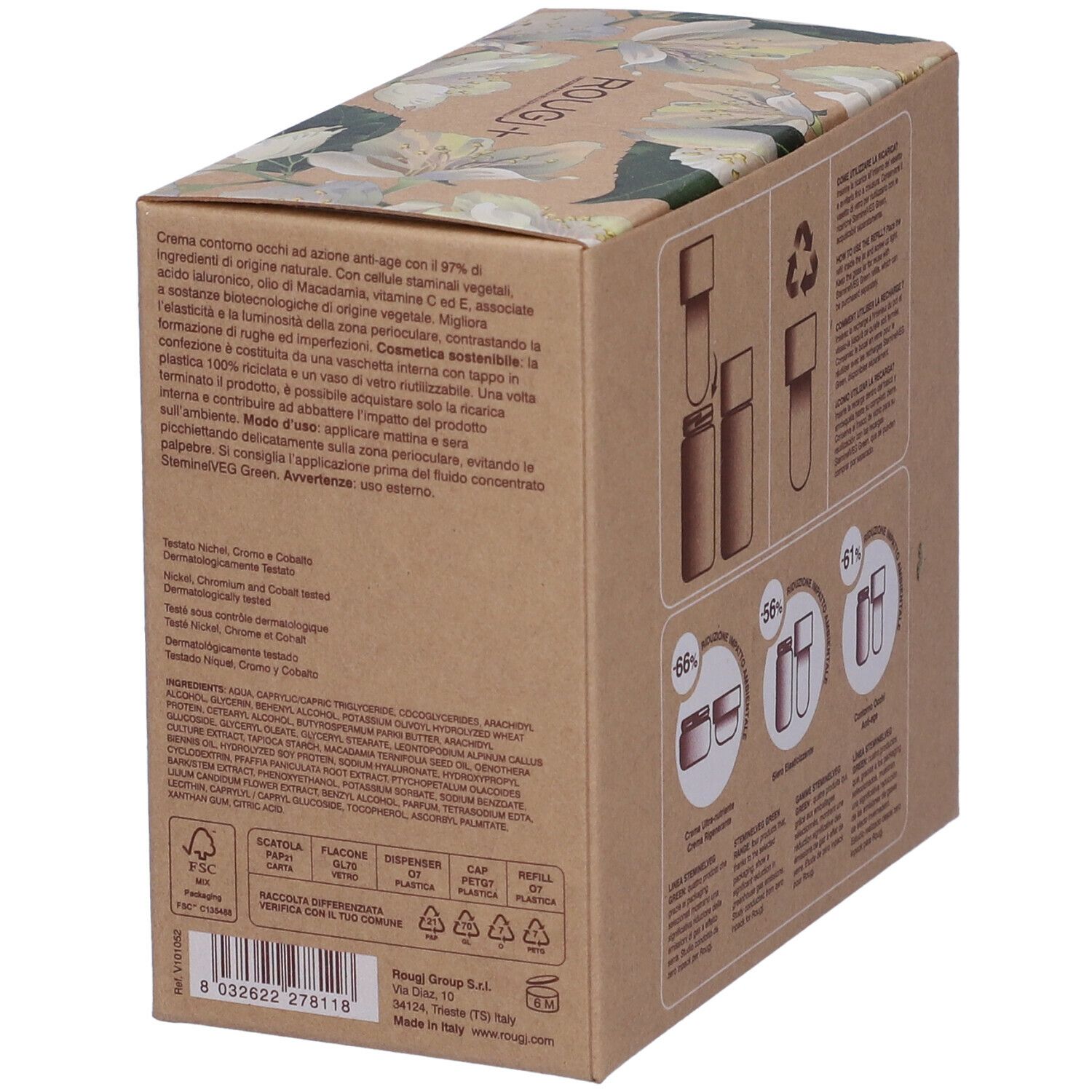 Confezione in cartone, vista dettagliata. Testo: Crema contorno occhi con ingredienti naturali. Ingredienti. Simboli di riciclaggio. Nome del prodotto.