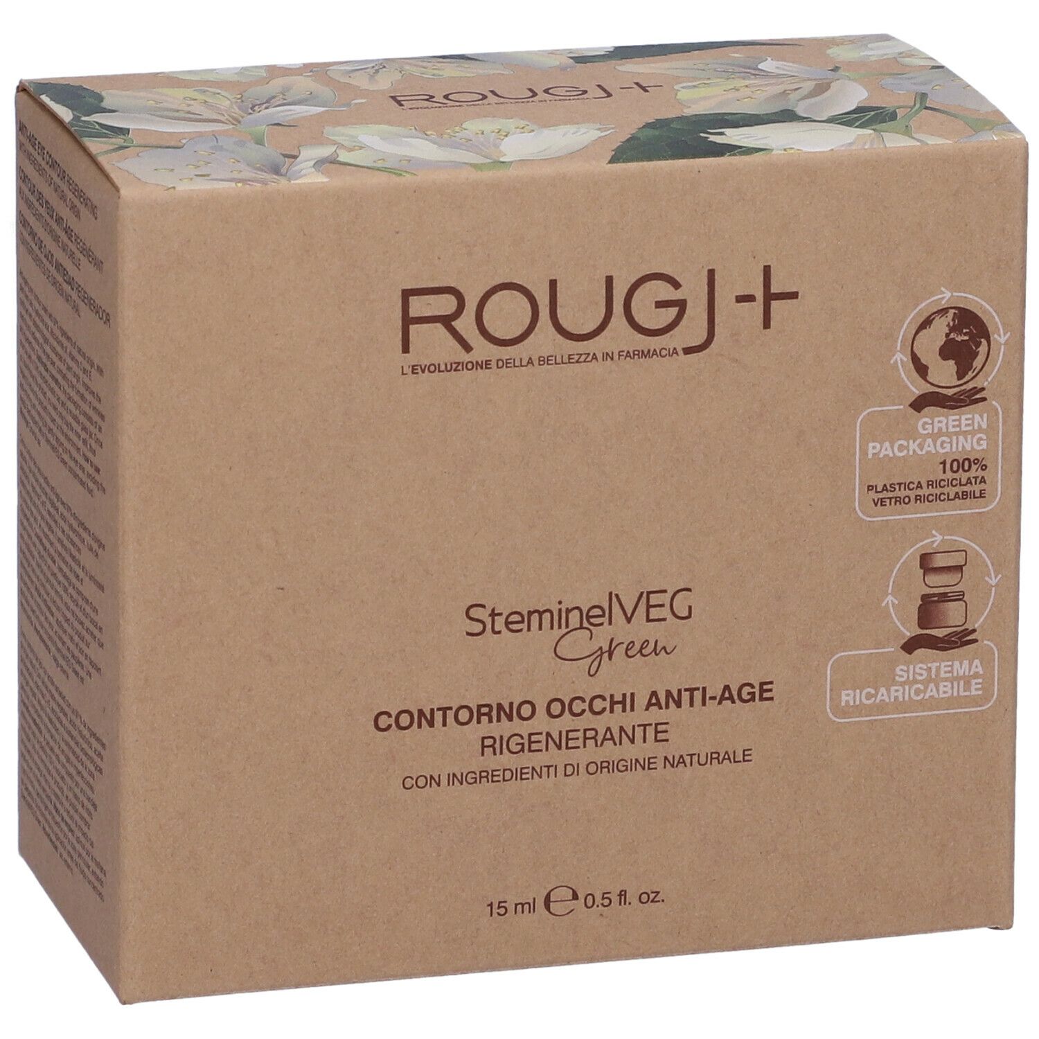 Confezione in cartone con nome e logo del prodotto. Testo: SteminelVEG, Contorno Occhi Anti-Age Rigenerante. 15 ml, 0.5 fl. oz. Logo verde.
