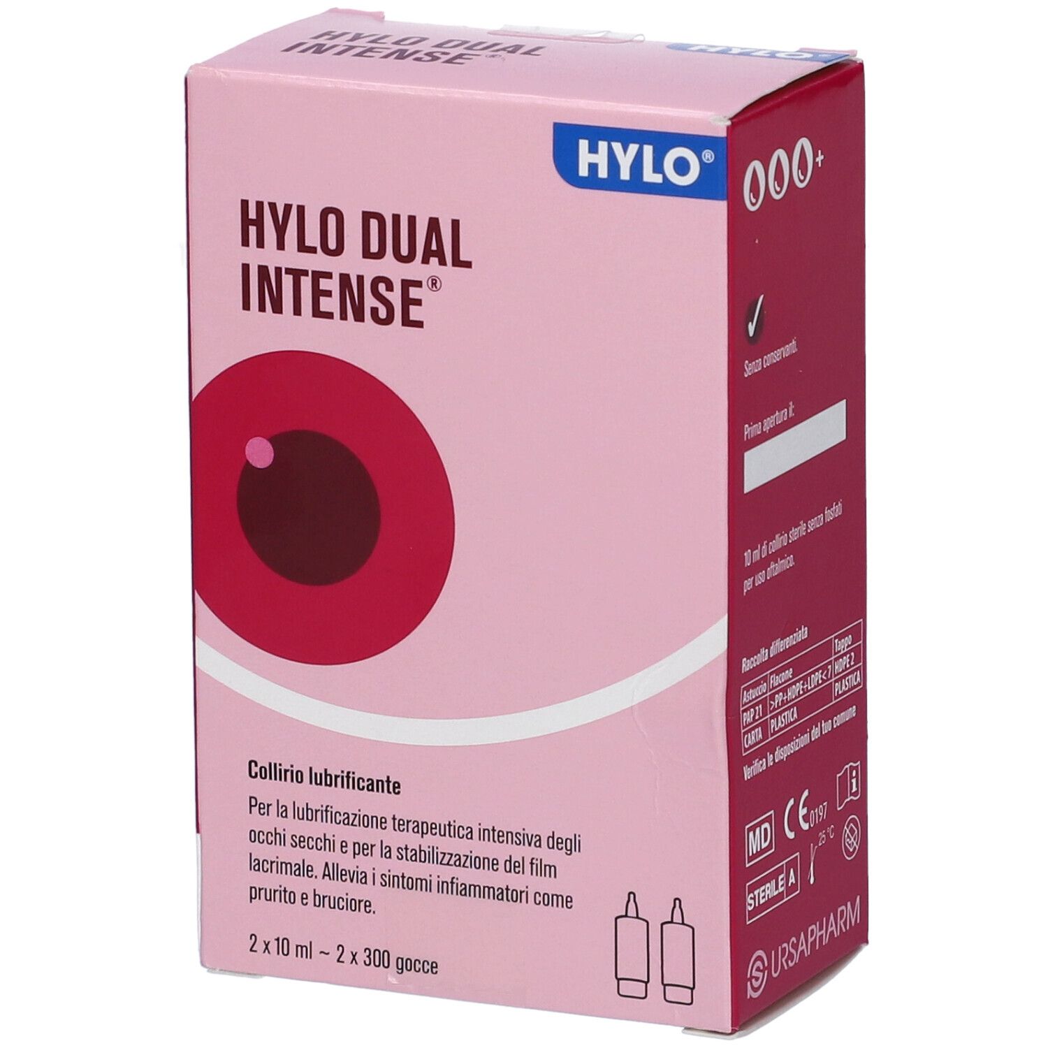 Scatola rosa "HYLO DUAL INTENSE". Contiene due flaconi. Testo: "Collirio lubrificante".