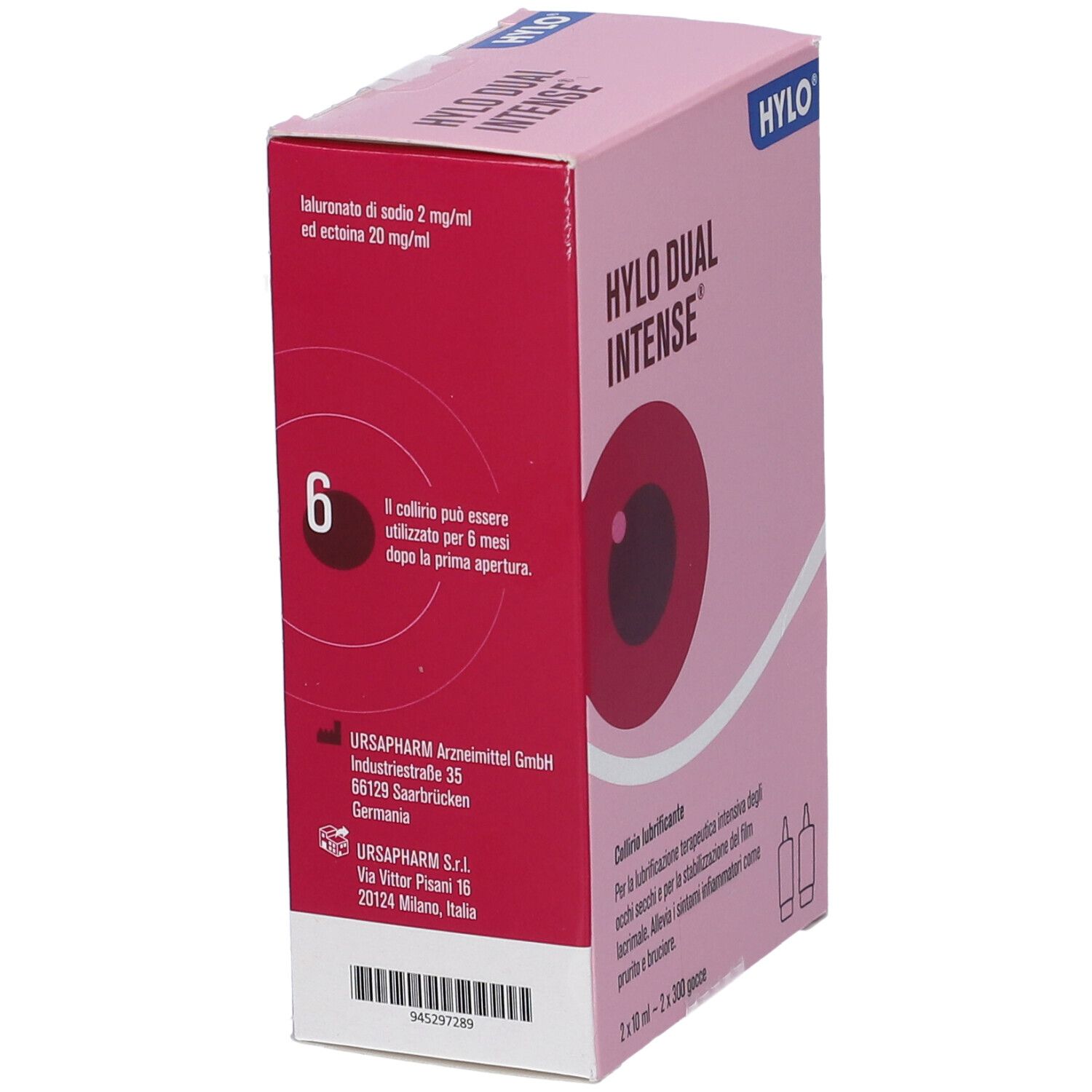 Scatola rosa "HYLO DUAL INTENSE". Retro con testo e codice a barre. Contiene due flaconi.