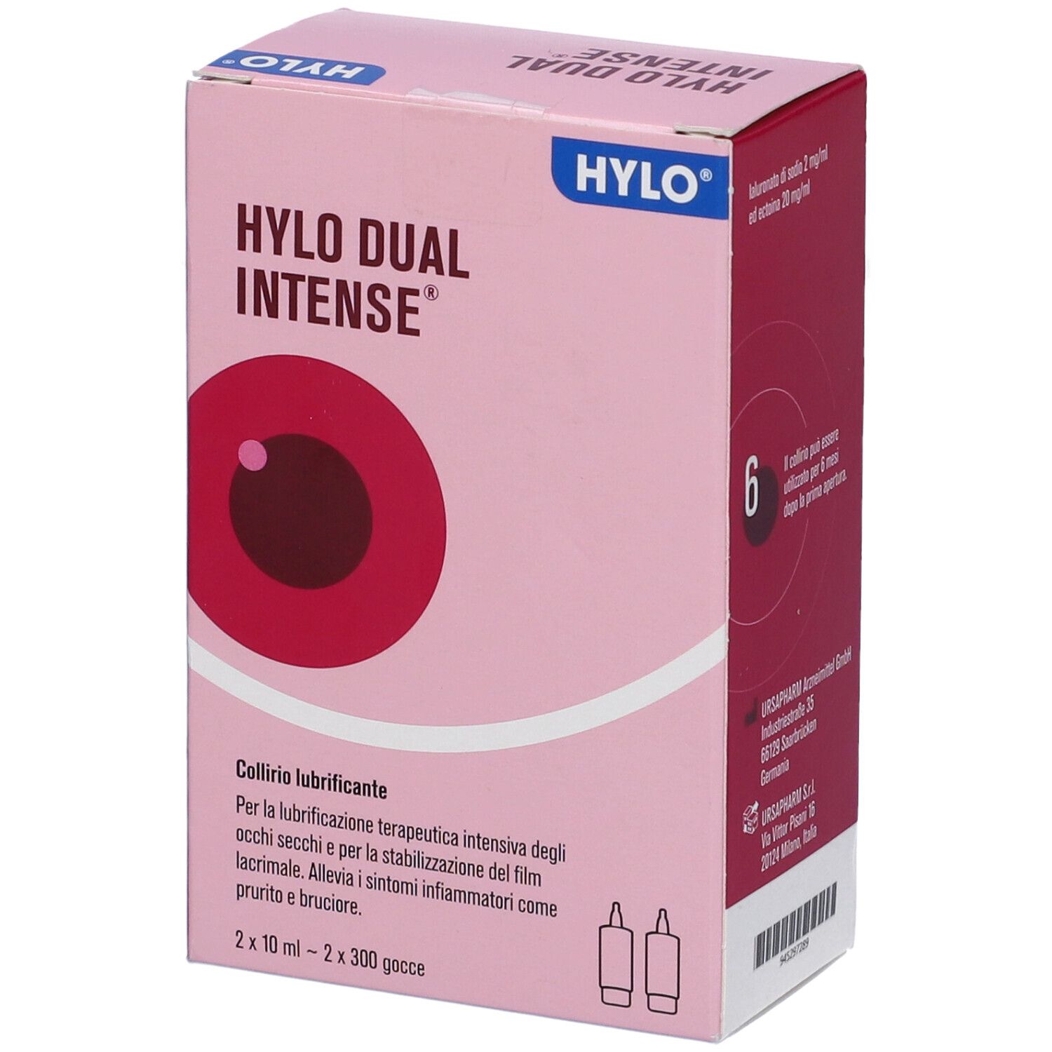 Scatola rosa "HYLO DUAL INTENSE". Contiene due flaconi. Testo: "Collirio lubrificante".