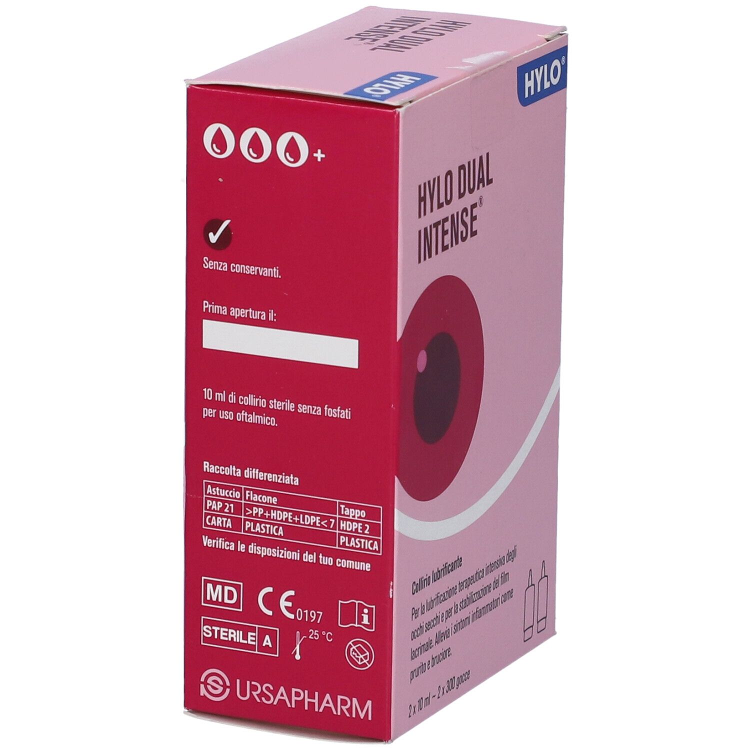 Scatola rosa "HYLO DUAL INTENSE". Contiene due flaconi. Testo: "Collirio lubrificante".
