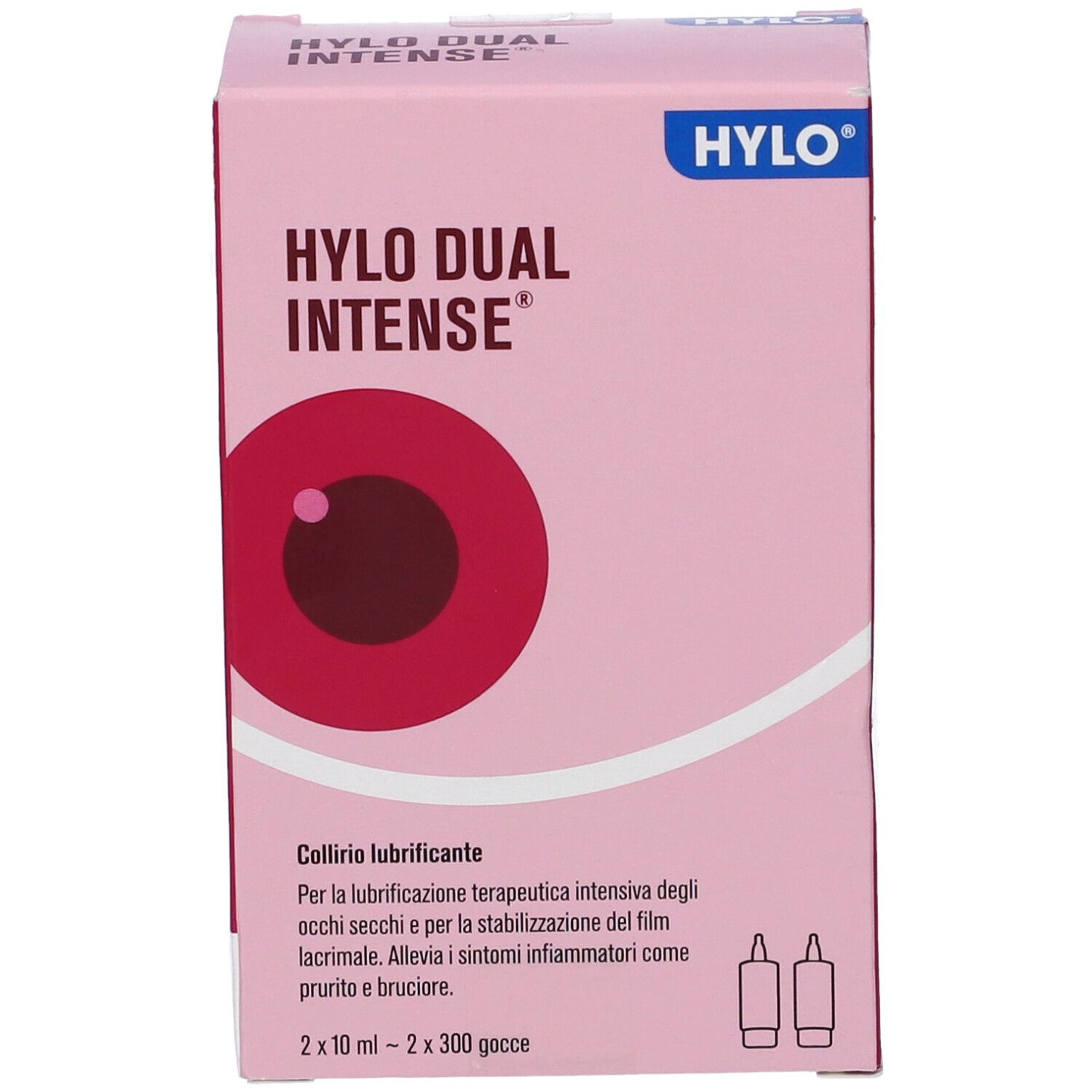 Scatola rosa "HYLO DUAL INTENSE". Contiene due flaconi. Testo: "Collirio lubrificante".