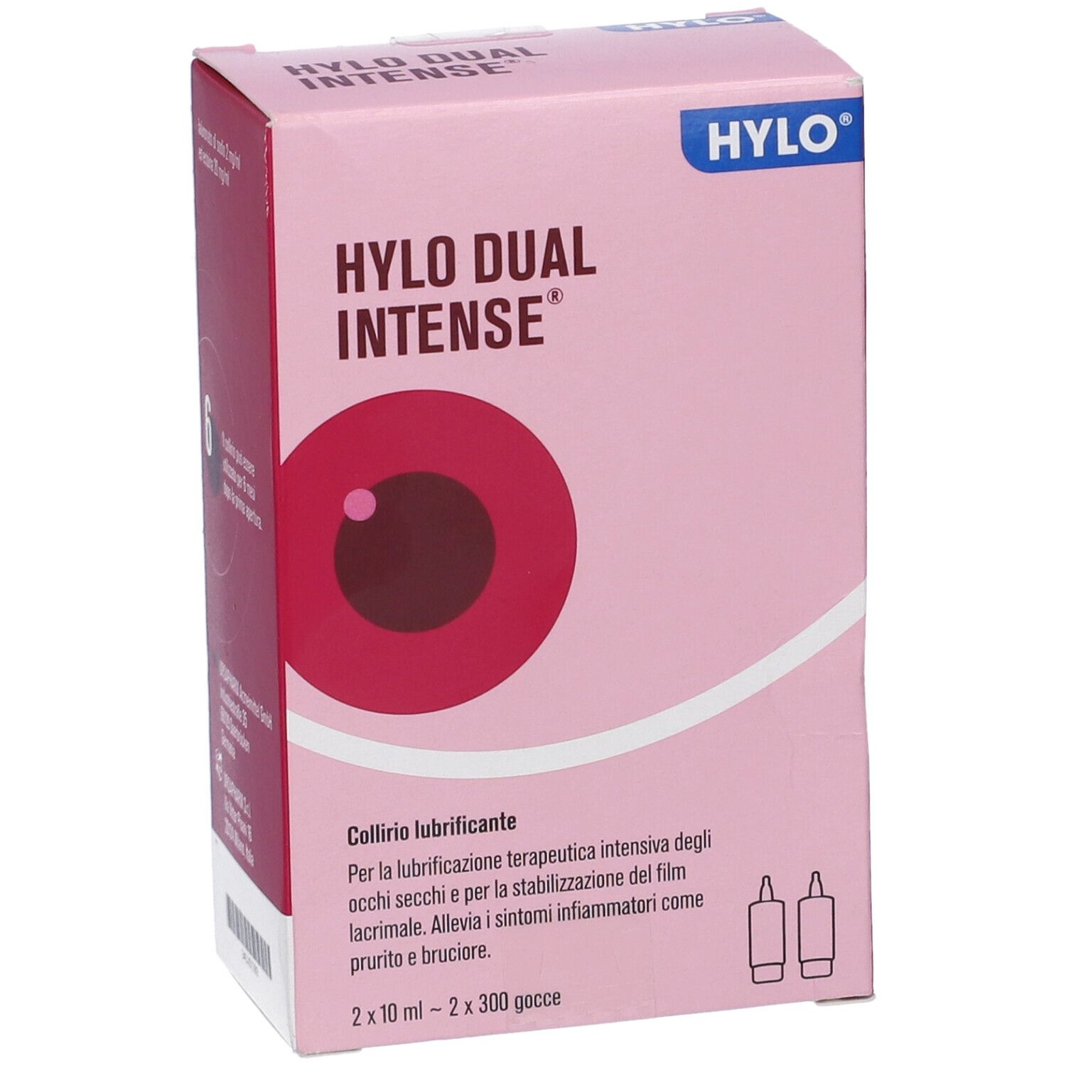Scatola rosa "HYLO DUAL INTENSE". Contiene due flaconi. Testo: "Collirio lubrificante".
