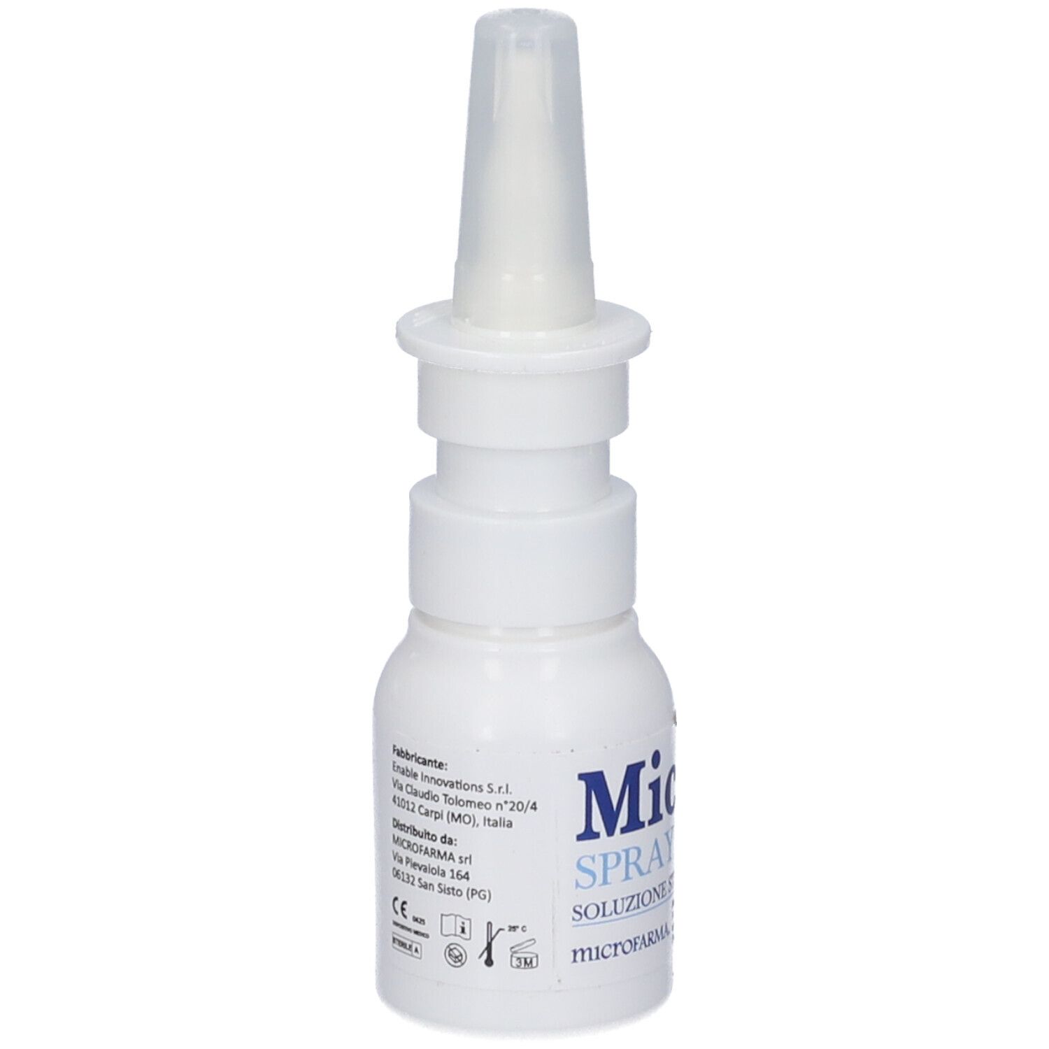 Flacone bianco con applicatore spray nasale. Scritta Micro Air Spray. Informazioni sul prodotto e produttore.
