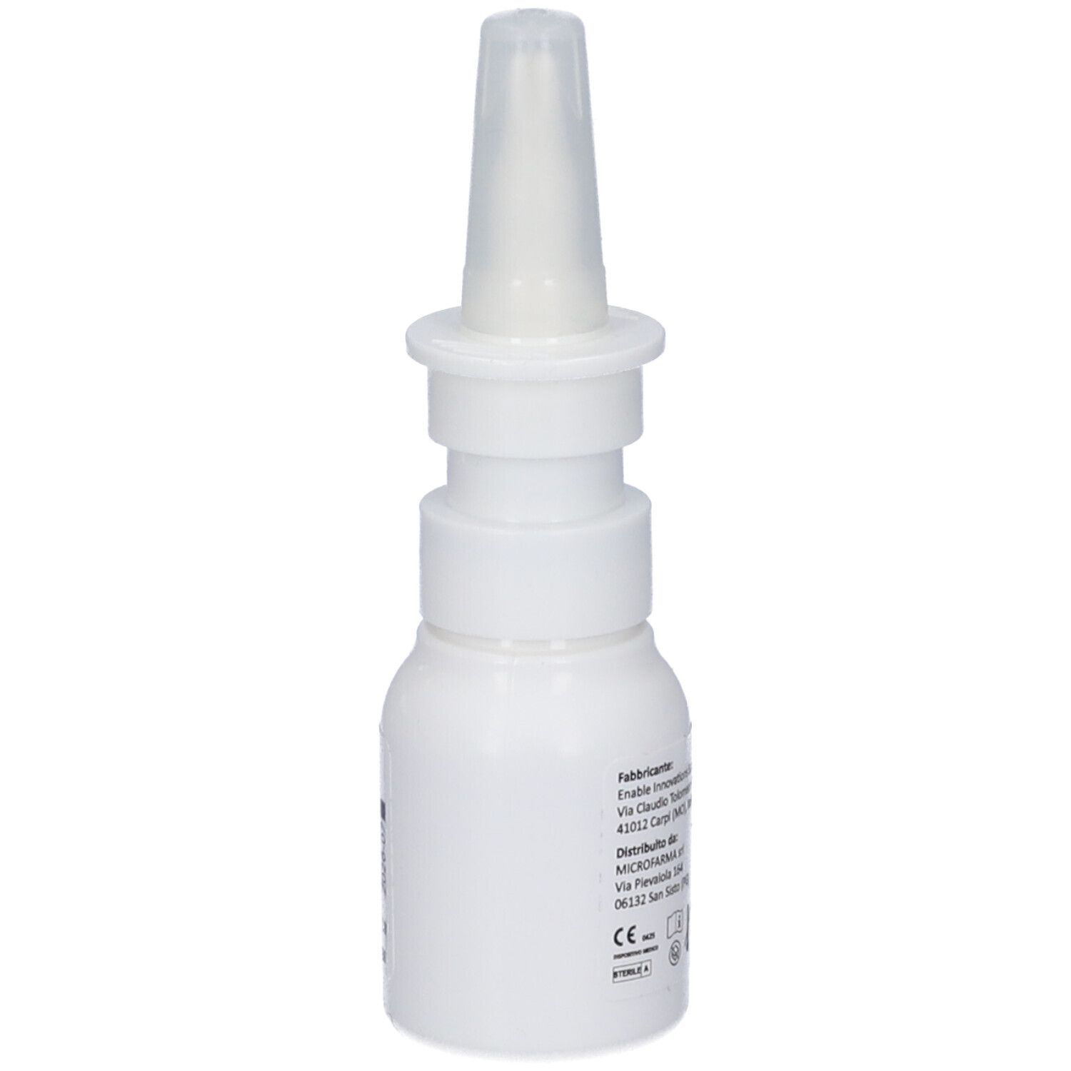 Flacone bianco con applicatore spray nasale. Scritta Micro Air Spray. Informazioni sul prodotto e produttore.