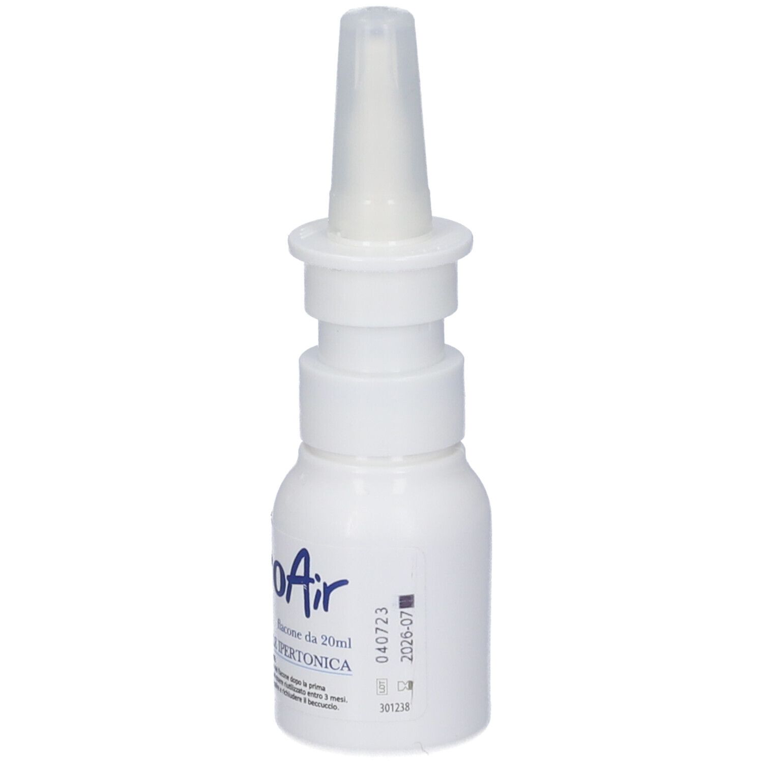 Flacone bianco con applicatore spray nasale. Scritta Micro Air Spray. Etichetta con data di scadenza e numero di lotto.