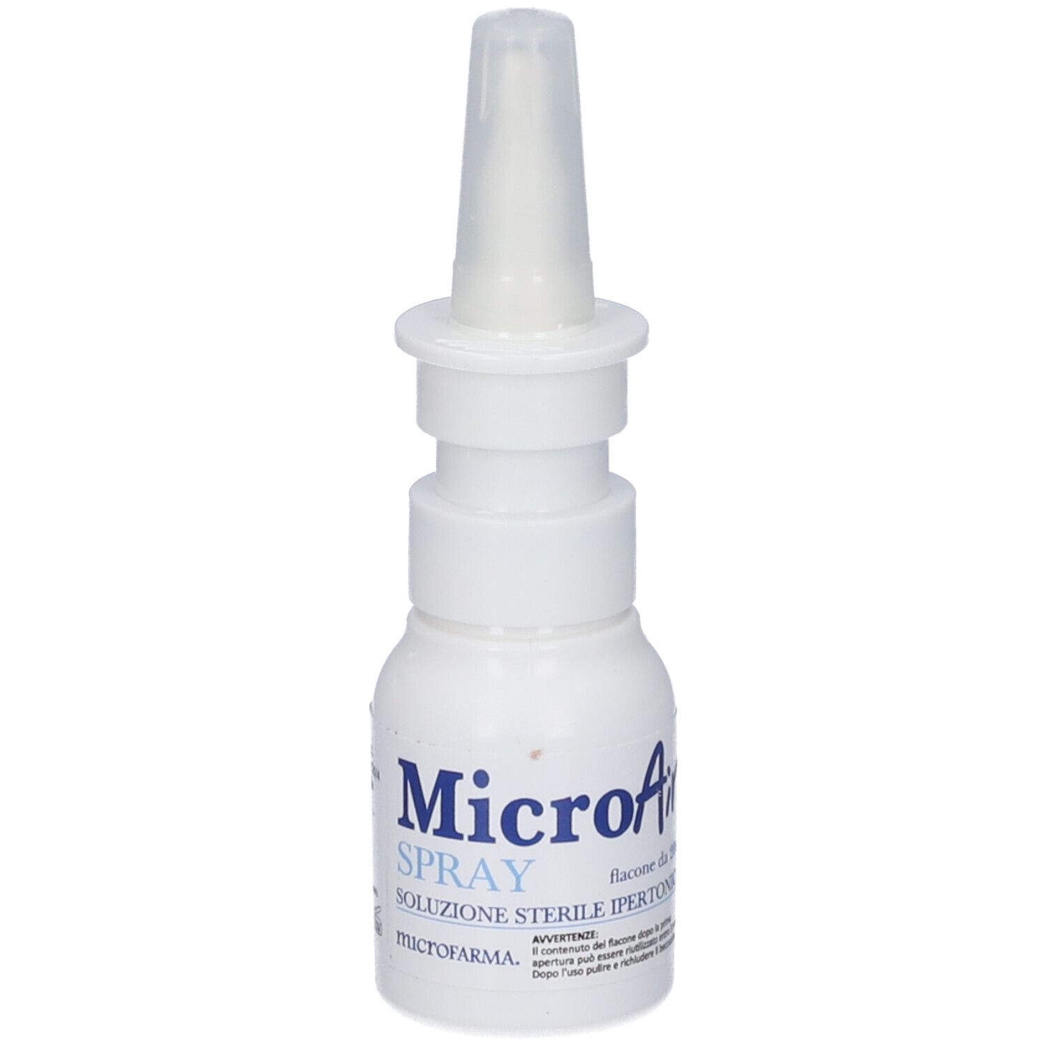 Flacone bianco con applicatore spray nasale. Scritta Micro Air Spray. Informazioni sul prodotto sull'etichetta.