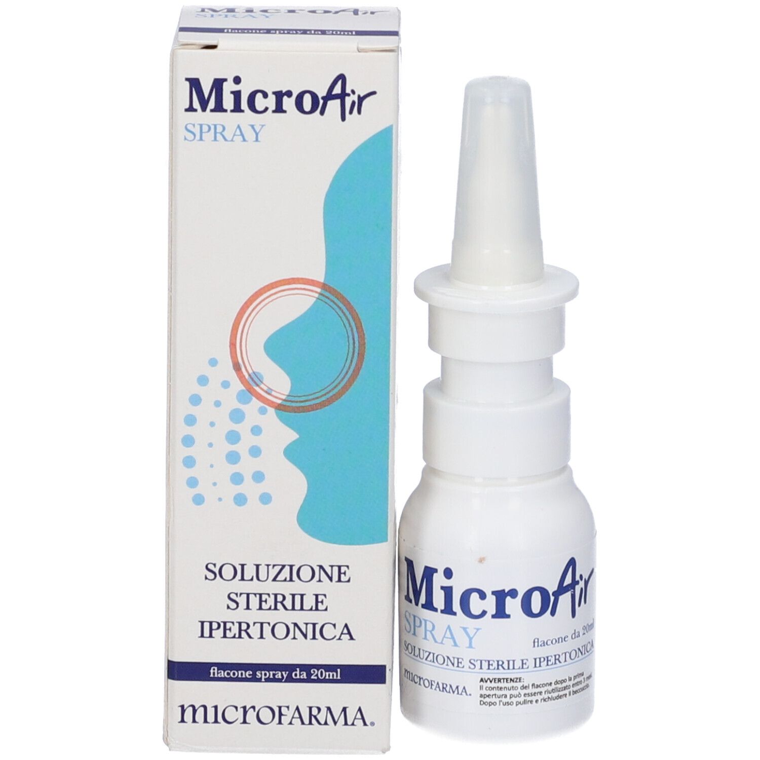Confezione del prodotto con flacone e scatola. Scritta Micro Air Spray. Scatola con profilo nasale.