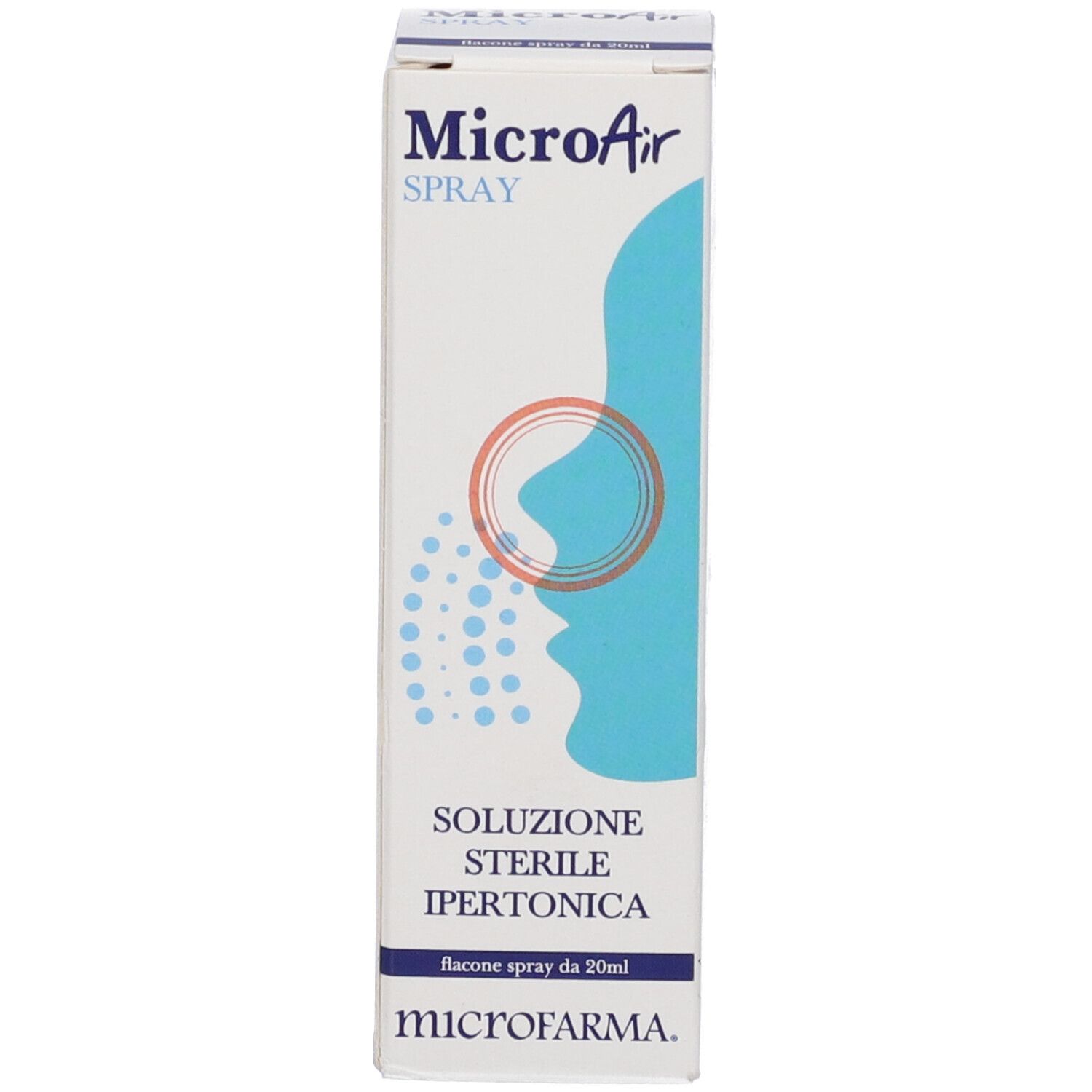 Confezione del prodotto con scatola. Scritta Micro Air Spray. Scatola con profilo nasale e informazioni.