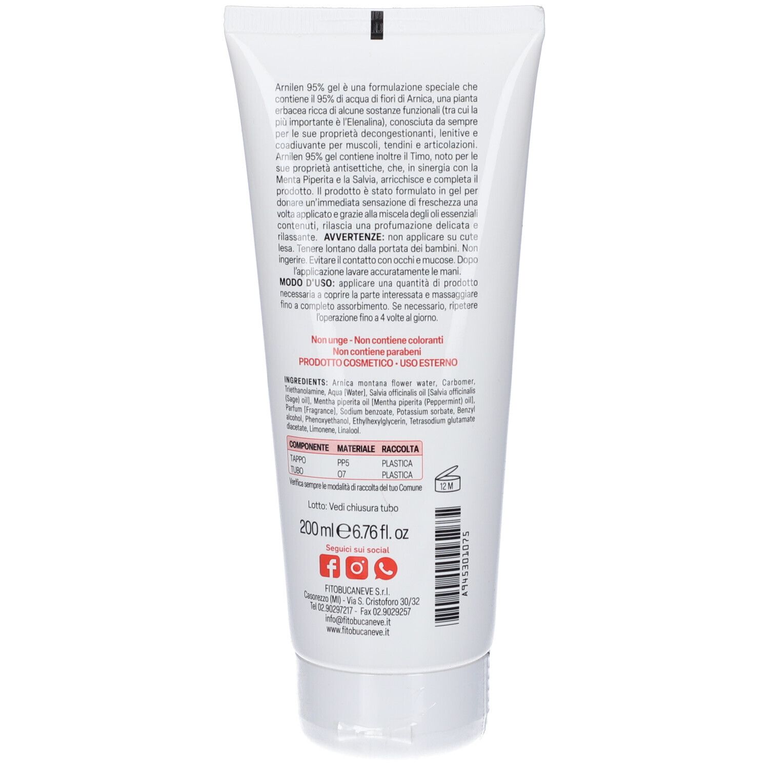 Retro del tubo di gel Arnilen. Contiene testo in italiano, ingredienti e informazioni sul produttore. Volume: 200 ml.