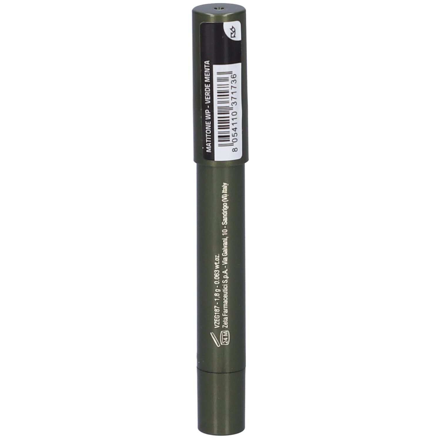 Matitone occhi jumbo verde con etichetta. Scritta: MATITONE WP - VERDE MENTA. Codice a barre.
