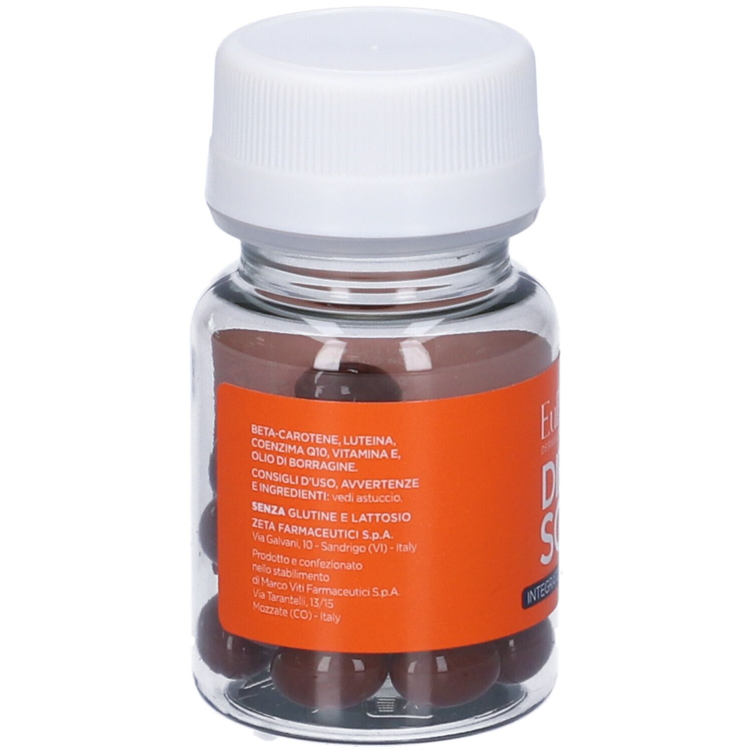 Retro del flacone con capsule. Etichetta arancione con ingredienti e informazioni produttore.
